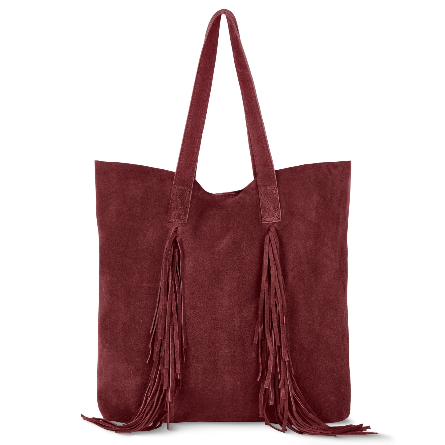 This burgundy suede handbag features long handles and front fringe details, bringing a bohemian and stylish touch to any outfit.