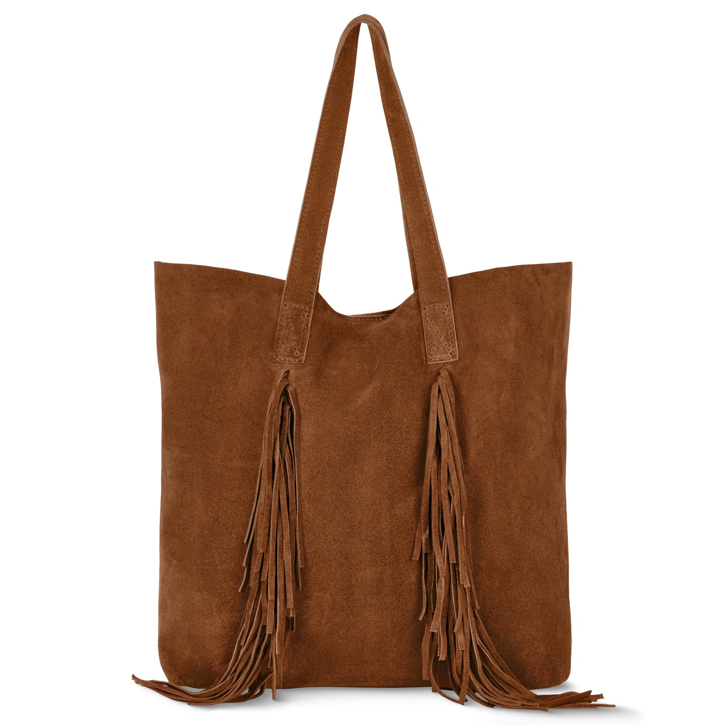 A brown suede handbag features long matching handles and front fringe detailing, offering a soft texture and casual bohemian style—perfect for adding flair to any outfit.