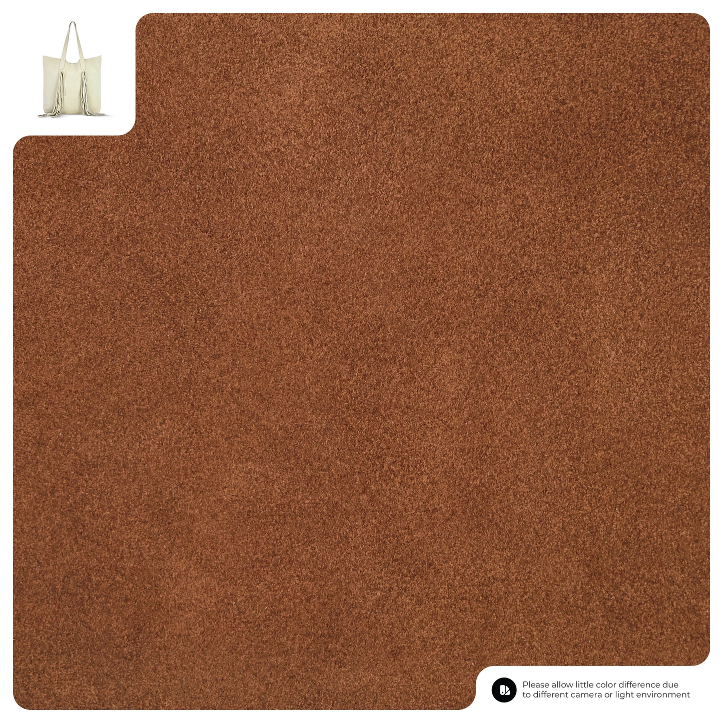 A square swatch of Brown Suede textured carpet is shown with a suede handbag for scale. A note indicates color may vary due to lighting or camera.