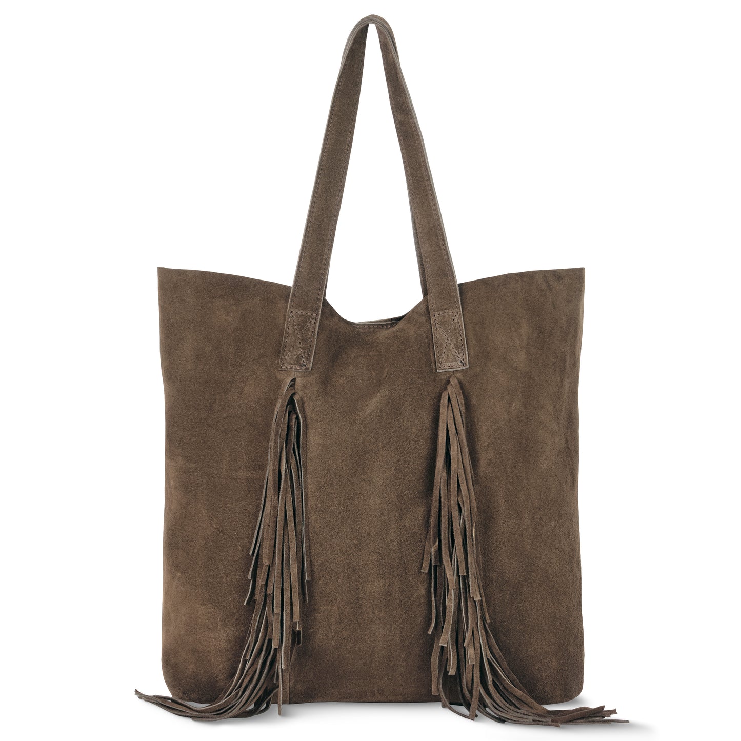 A tobacco suede handbag with long matching handles and front fringe detailing. Its soft, textured look and simple bohemian style make it perfect for effortless everyday outfits.