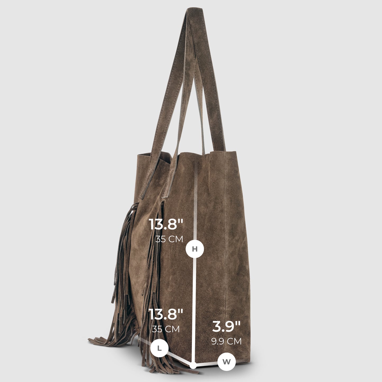 Brown suede tote bag with long handles and fringe accents on the sides, blending bohemian handbag style. Text labels indicate dimensions: 13.8 inches (35 cm) high, 13.8 inches long, and 3.9 inches wide.