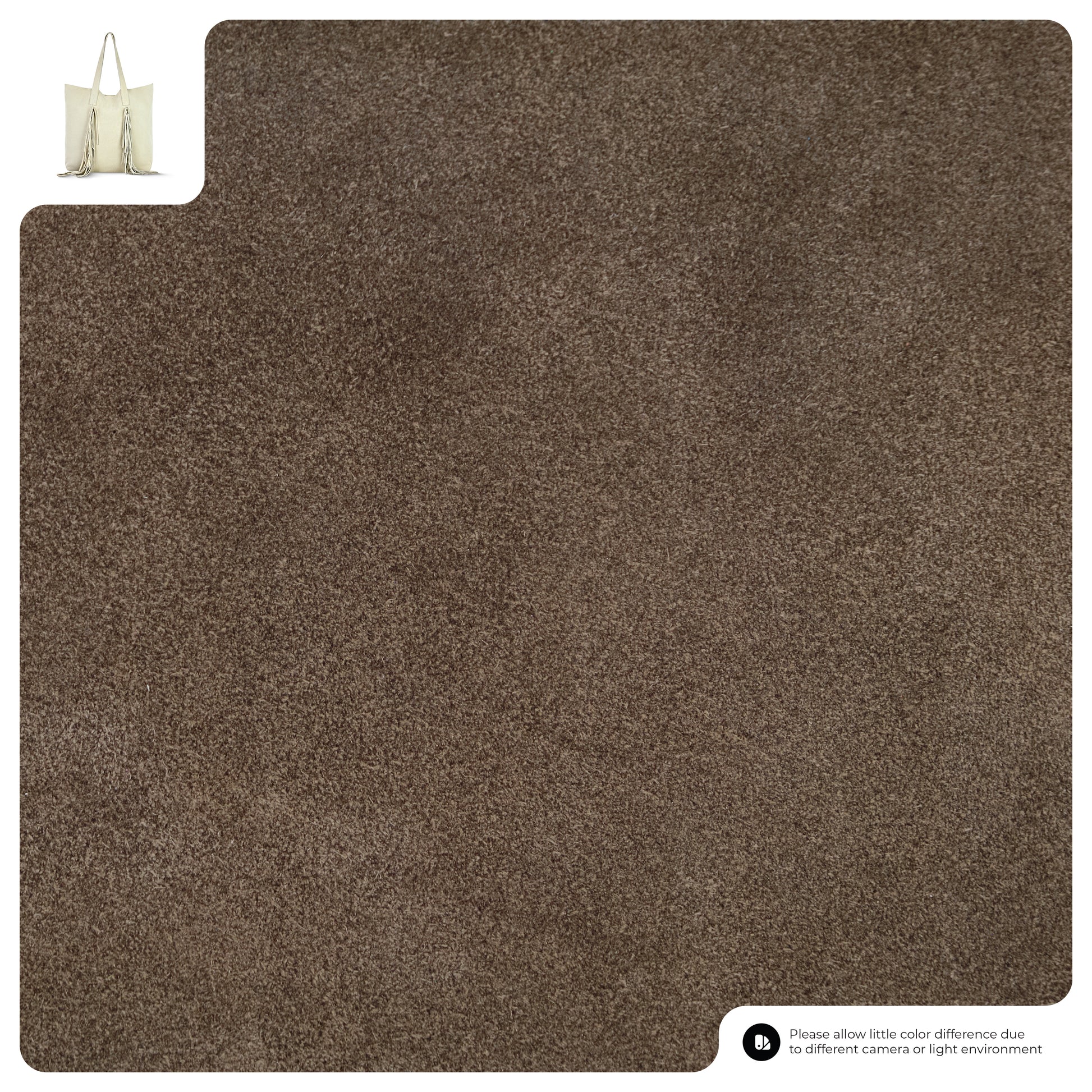 A large, square carpet in Tobacco Suede with a soft, plush texture. A beige bohemian handbag in the top left shows scale. Note at bottom right: color may vary due to lighting or camera differences.