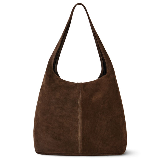 A spacious natural suede handbag in brown with a wide shoulder strap, featuring a simple design and a visible center seam on the front.