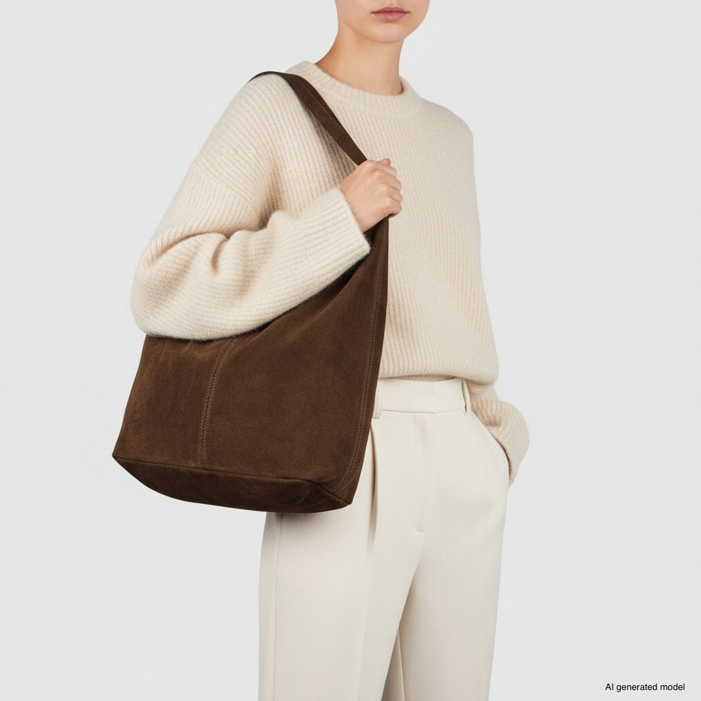 A person wearing a cream knit sweater and light-colored pants holds a spacious natural suede handbag. The background is plain white, and the person’s face is partially out of the frame.