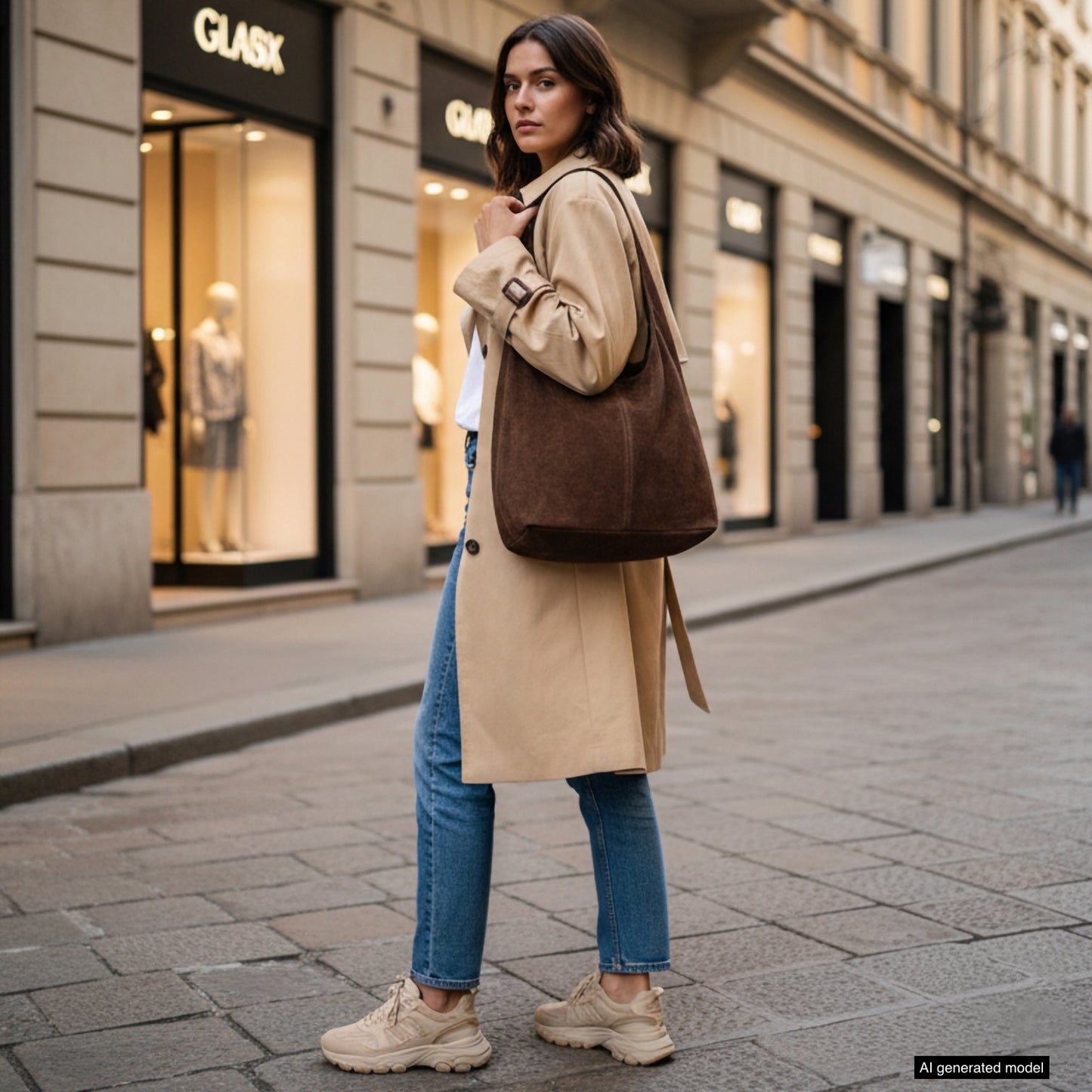 A woman wearing a beige trench coat, blue jeans, and sneakers walks on a city street carrying a spacious natural suede handbag. Storefronts with window displays are visible in the background.