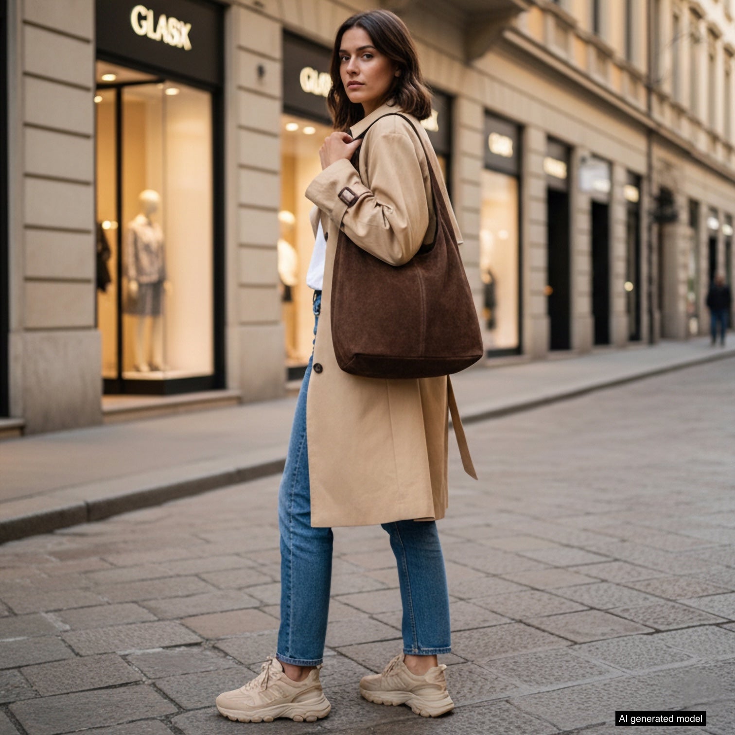 A woman wearing a beige trench coat, blue jeans, and sneakers walks on a city street carrying a spacious natural suede handbag. Storefronts with window displays are visible in the background.