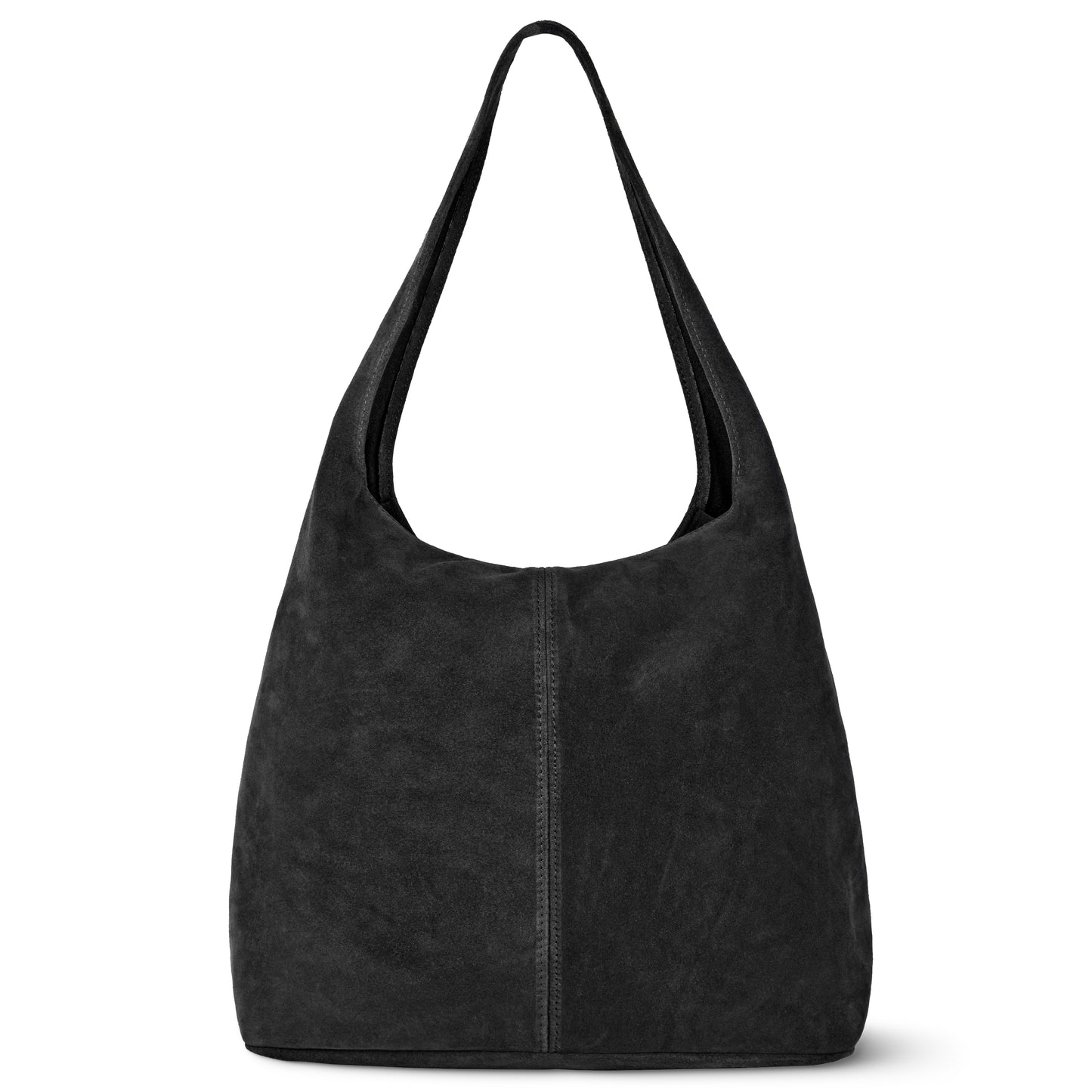 A spacious natural suede handbag, this black hobo bag features a single wide shoulder strap, a soft unstructured shape, and a visible center seam on the front for a timeless, minimalist look.