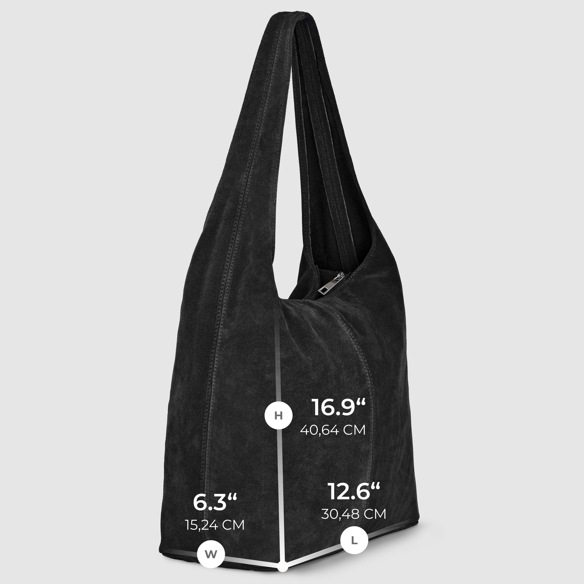 Black slouchy suede shoulder purse with a single wide strap, shown upright. White measurement lines indicate dimensions: 16.9 inches high, 12.6 inches long, and 6.3 inches wide. Background is light gray.