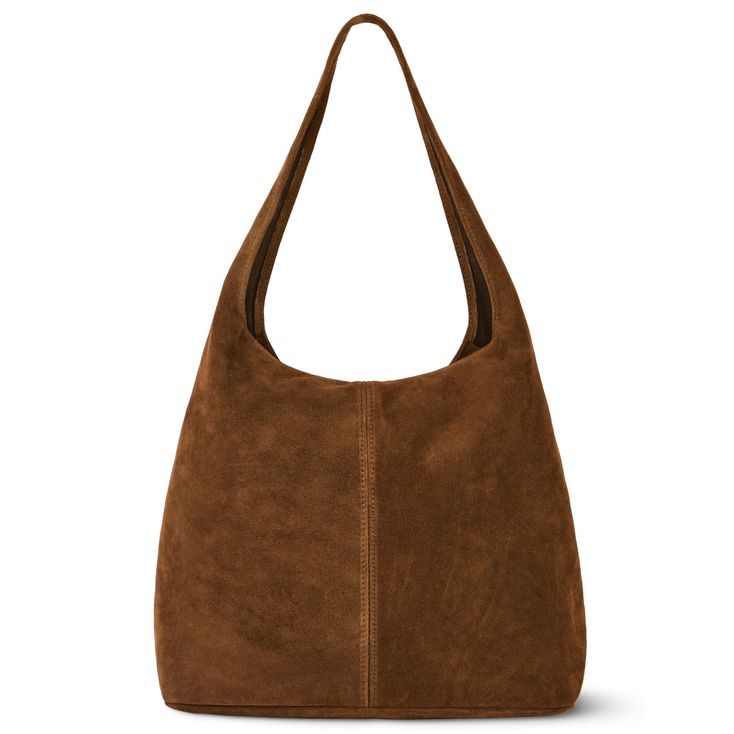 A spacious natural suede handbag, this brown hobo features a wide single shoulder strap, soft slouchy shape, and a simple vertical seam running down the front center.