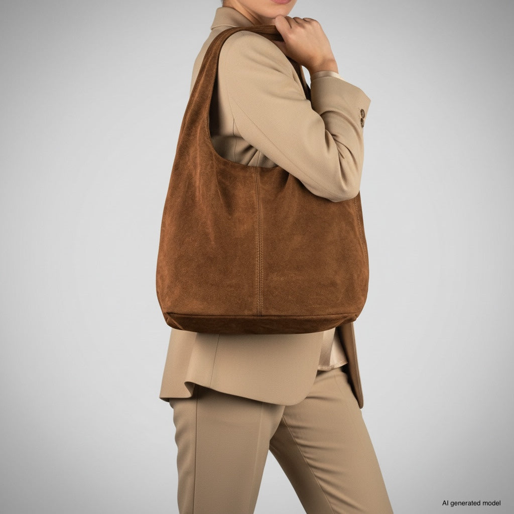 A person wearing a beige suit poses with a spacious natural suede handbag, shown from the side against a plain light gray background.