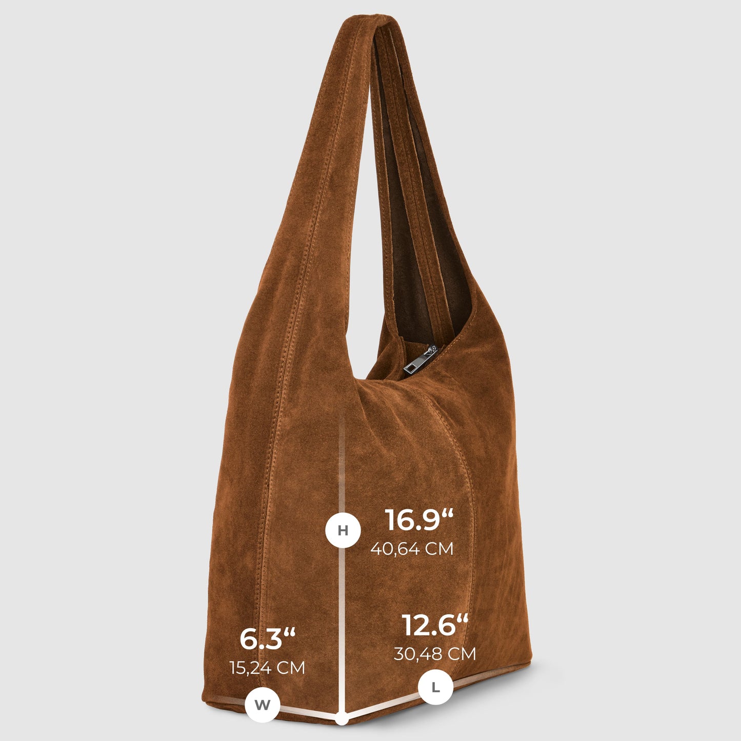 Brown slouchy suede shoulder purse with visible stitching, photographed at an angle. Dimensions are labeled: height 16.9 (40.64 cm), width 6.3 (15.24 cm), and length 12.6 (30.48 cm).