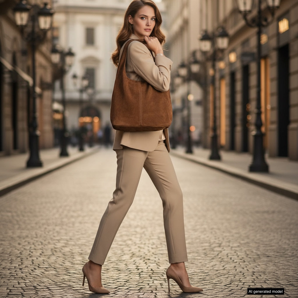 A woman in a beige suit and heels walks confidently down a cobblestone city street, carrying a spacious natural suede handbag. Elegant street lamps and classical buildings line the background.