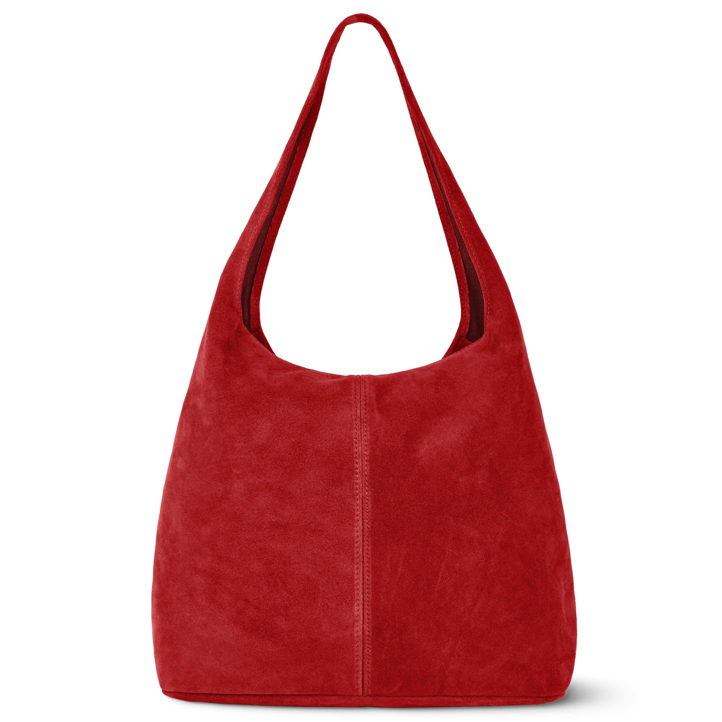 A bright red, Italian handcrafted bag with a single wide shoulder strap and soft, unstructured shape, shown against a white background.