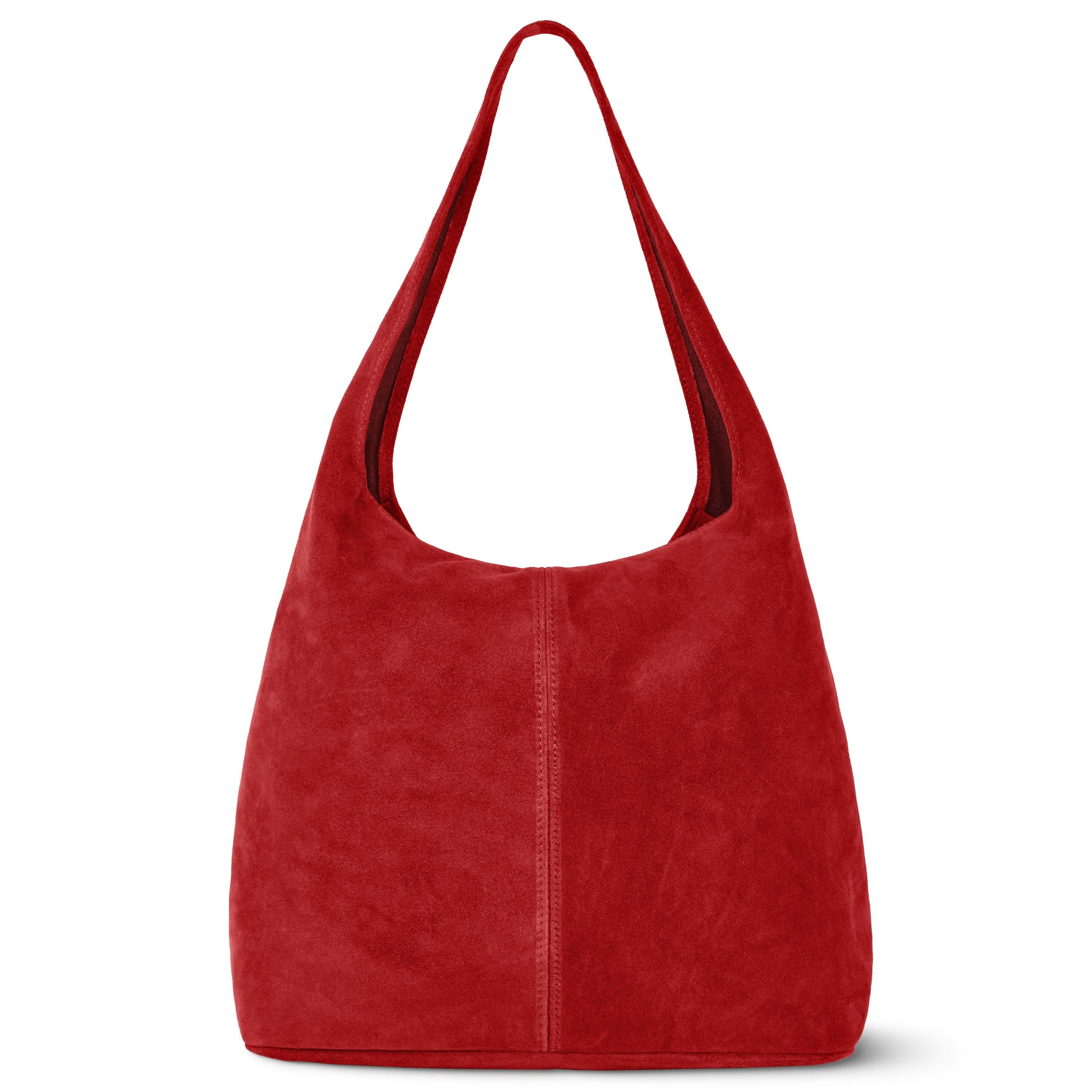 A bright red, Italian handcrafted bag with a single wide shoulder strap and soft, unstructured shape, shown against a white background.