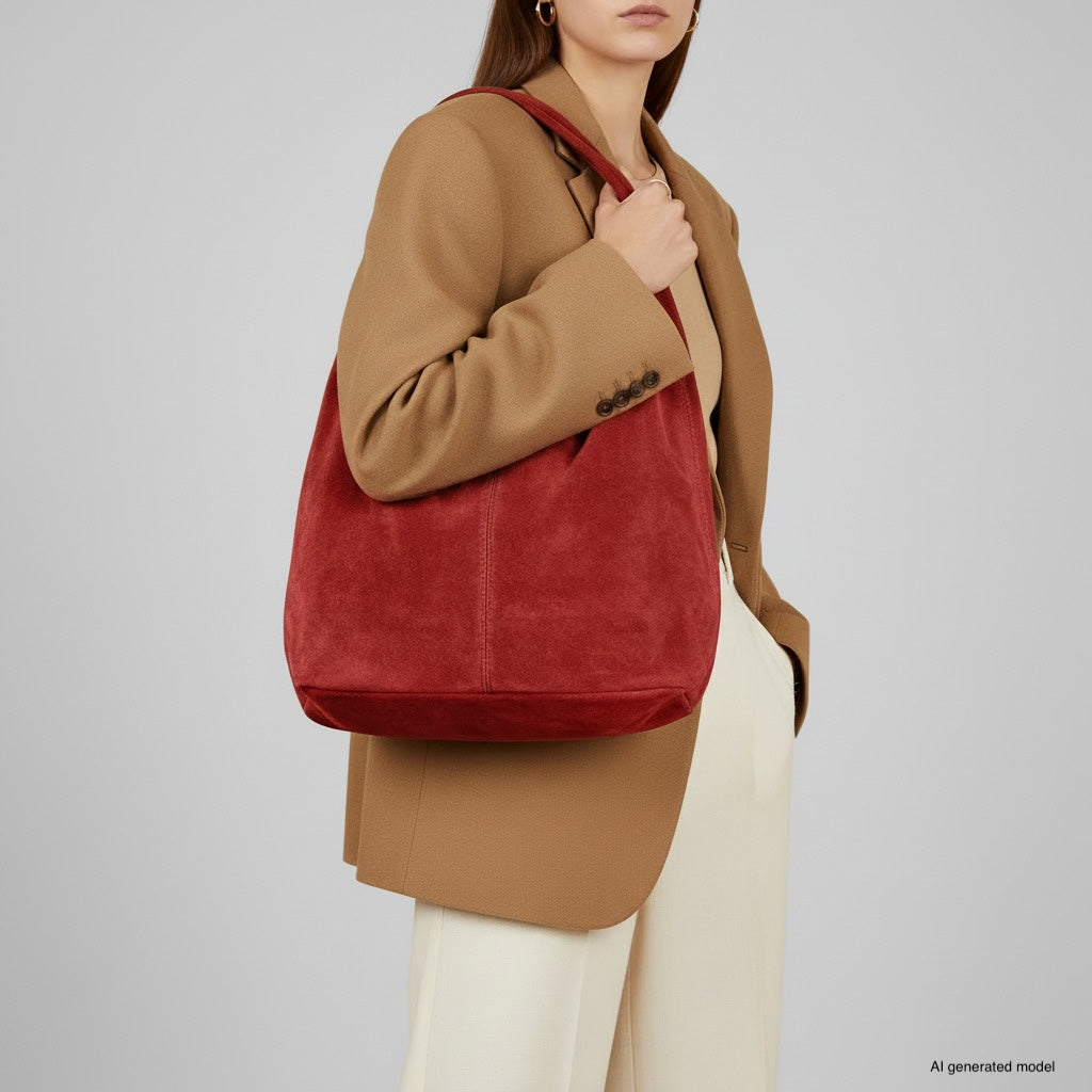 A woman wearing a tan blazer and white pants carries a spacious natural suede handbag in bold red. The image features a minimal, neutral background, letting the artisanal accessory stand out.