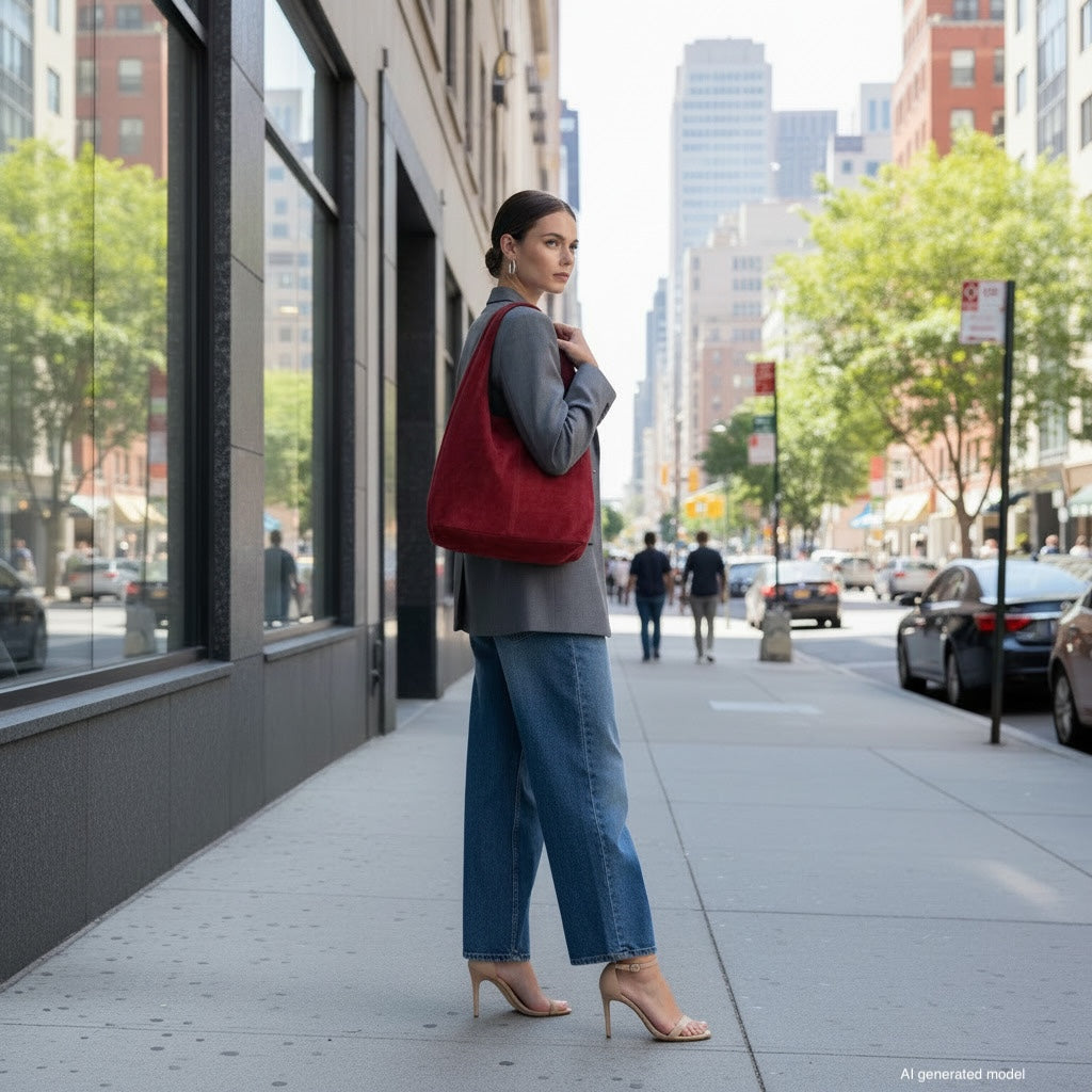 A woman wearing a gray blazer, blue jeans, and high heels stands on a city sidewalk, carrying a spacious natural suede handbag. Tall buildings and trees line the street in the background.