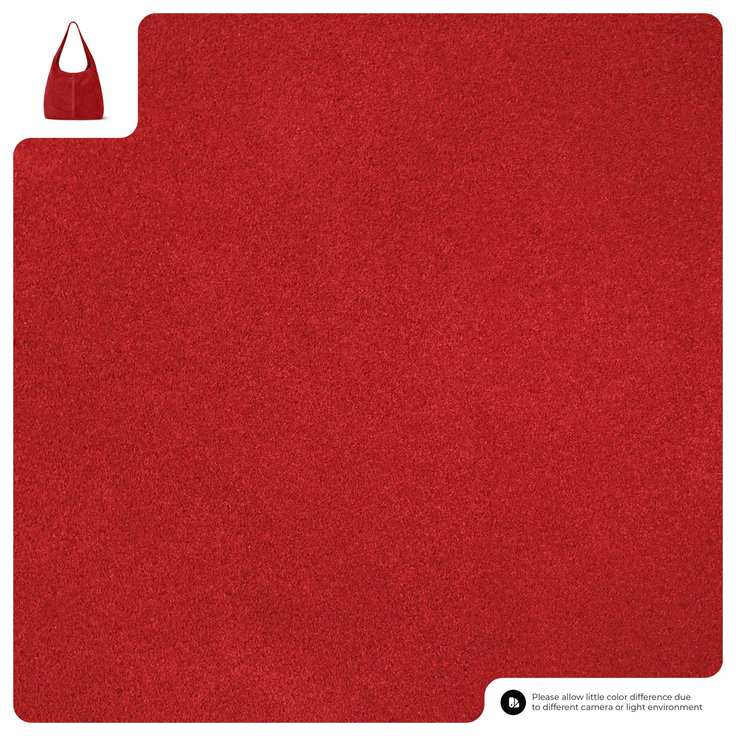 A close-up of a textured red fabric swatch with a small image of a slouchy suede shoulder purse in the top left corner. There is a disclaimer in the bottom right about color differences due to lighting or camera.