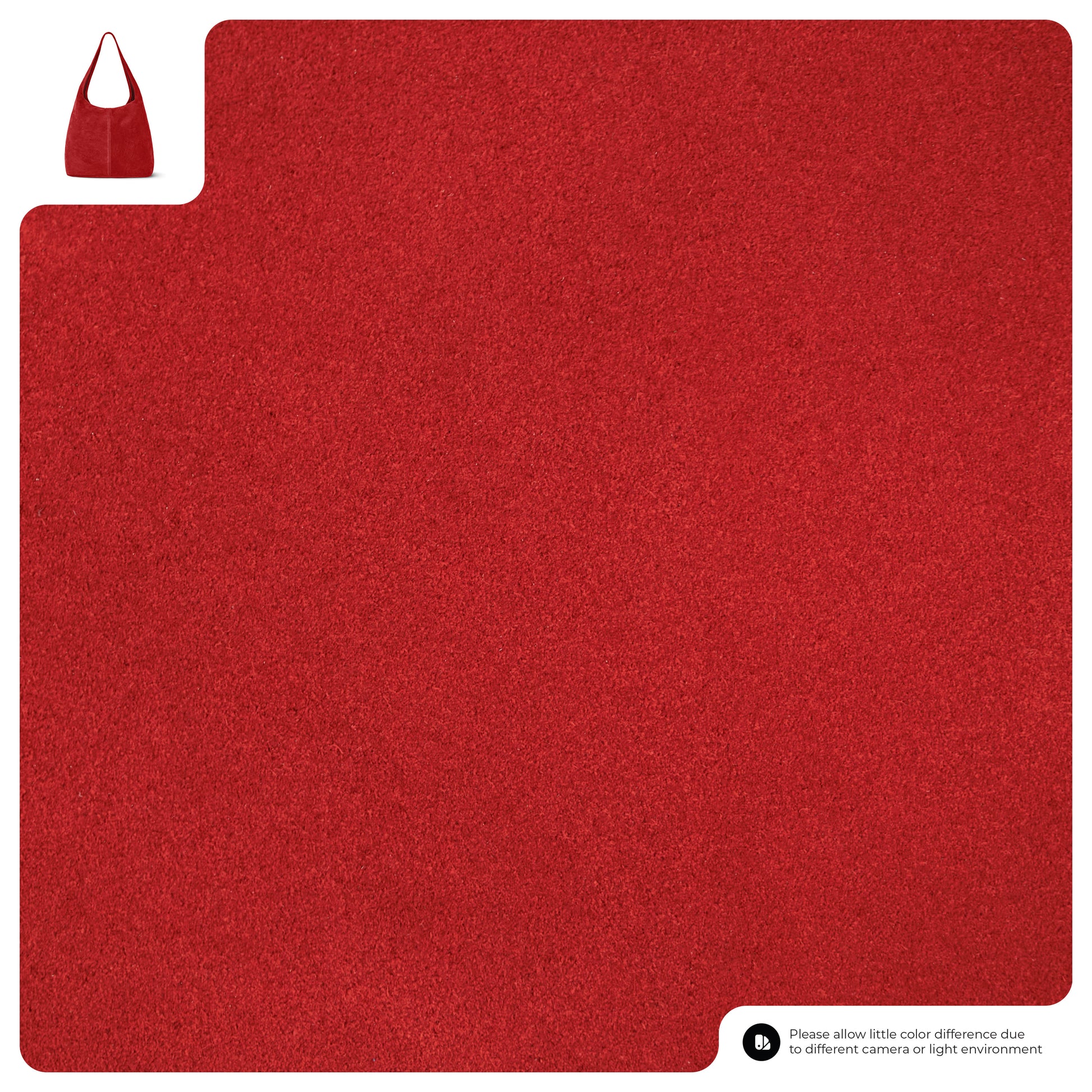 A close-up of a textured red fabric swatch with a small image of a slouchy suede shoulder purse in the top left corner. There is a disclaimer in the bottom right about color differences due to lighting or camera.