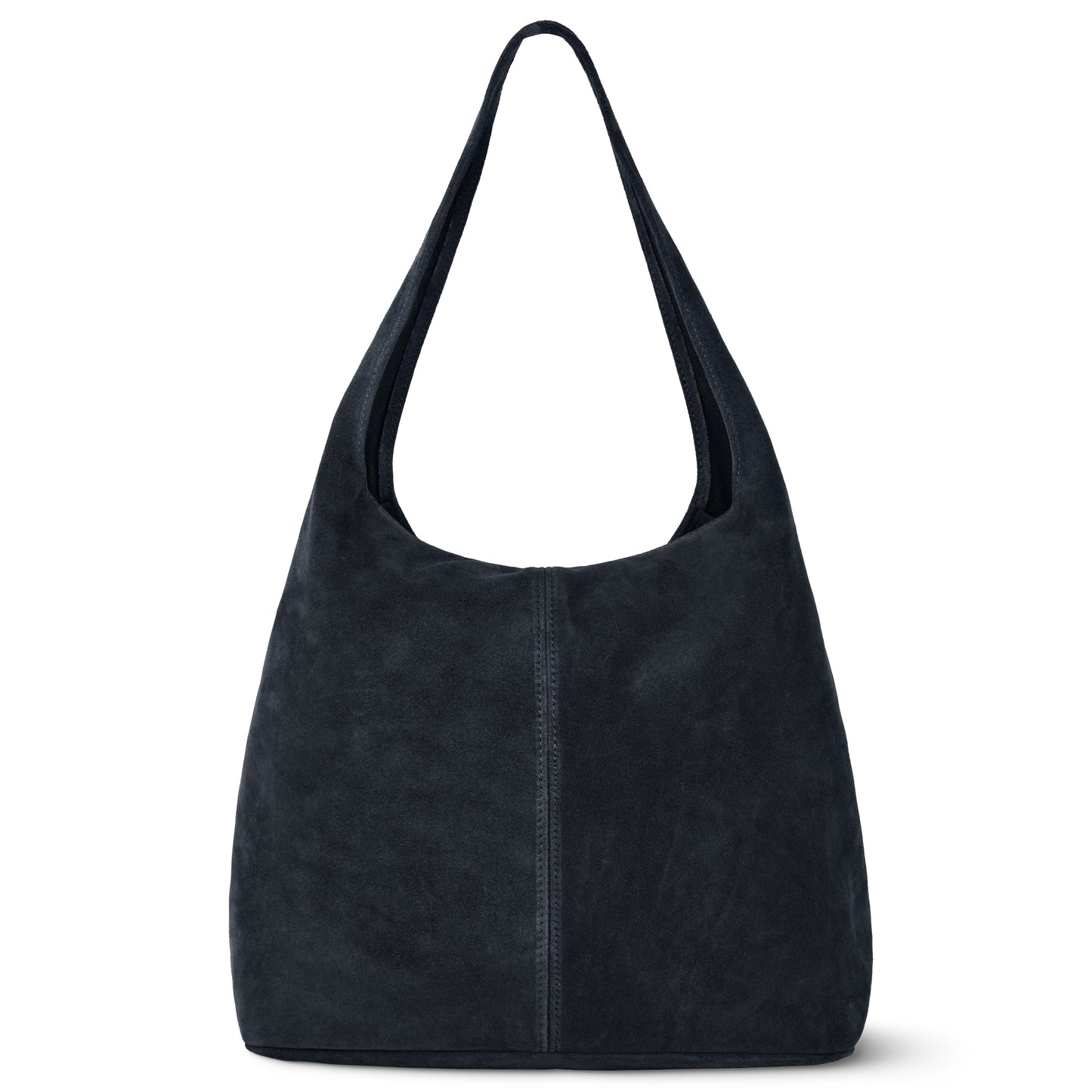 A slouchy suede shoulder purse in classic black, this minimalist hobo-style bag features a single wide strap and offers spacious, natural suede charm—an ideal everyday accessory.
