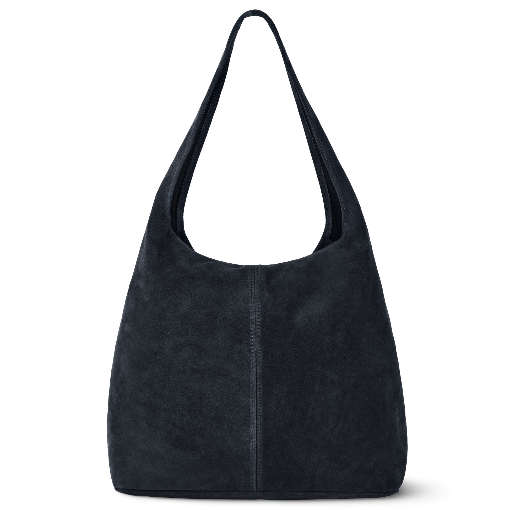 A slouchy suede shoulder purse in classic black, this minimalist hobo-style bag features a single wide strap and offers spacious, natural suede charm—an ideal everyday accessory.