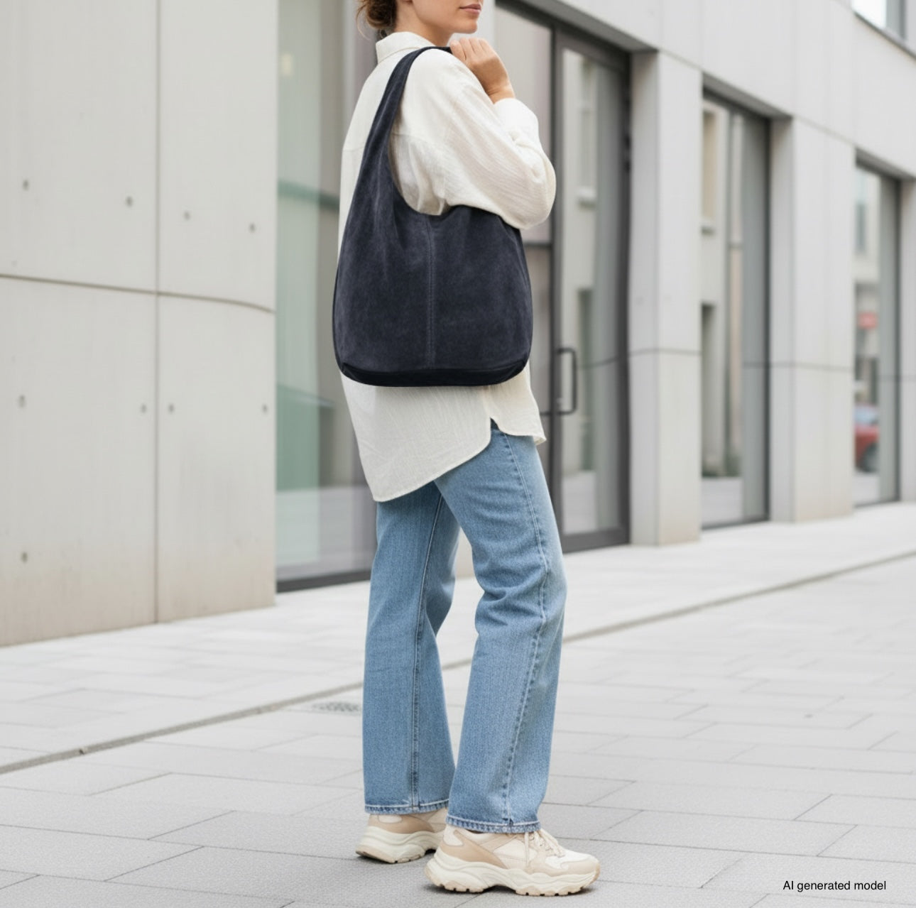 A person wearing a white shirt, light blue jeans, and beige sneakers carries a spacious natural suede handbag while walking on a modern city sidewalk next to glass-fronted buildings.