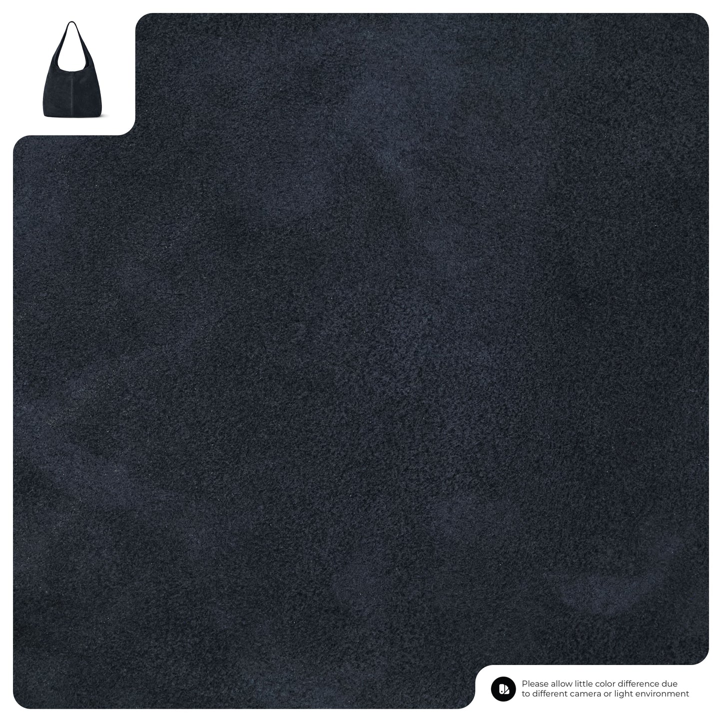 Dark navy blue textured fabric fills most of the image, with a small inset of a slouchy suede shoulder purse in the top left corner. A note at the bottom right mentions possible color differences due to lighting or camera.