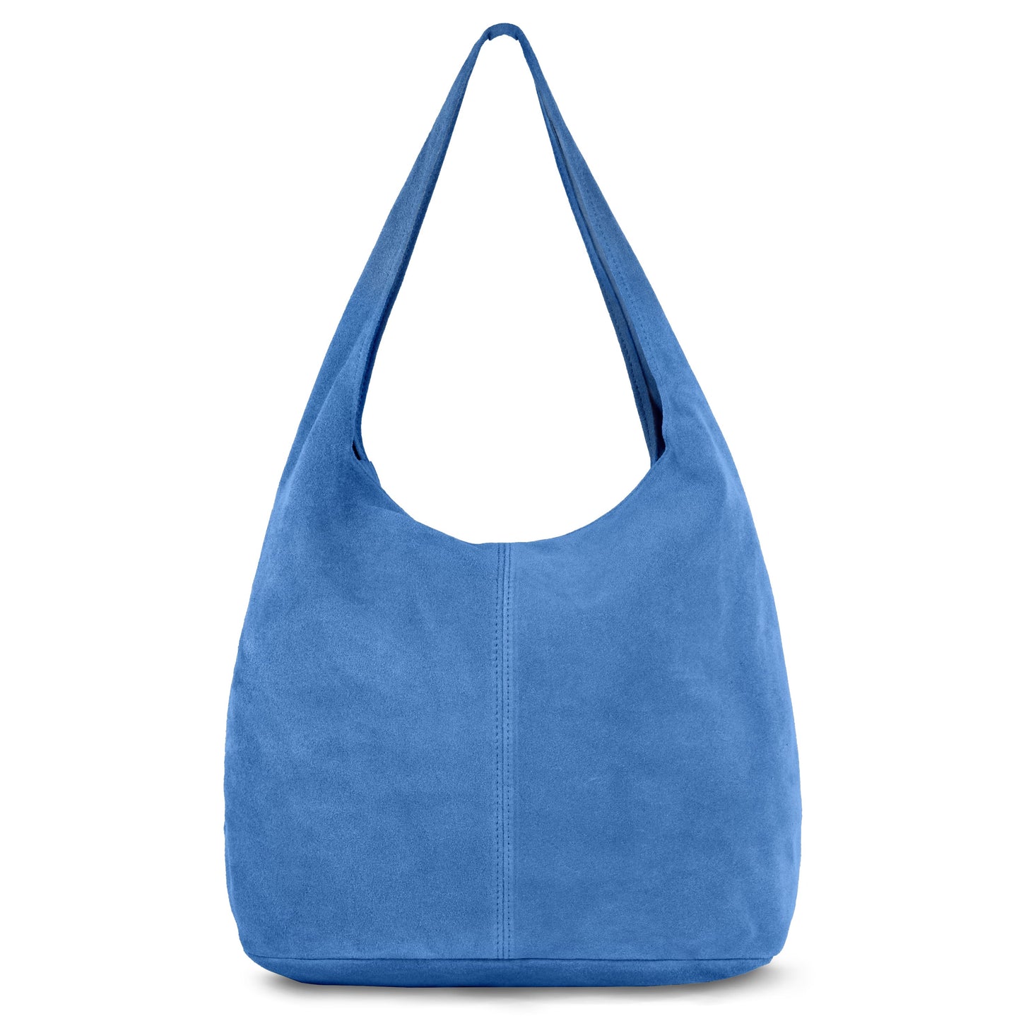 A spacious natural suede handbag in soft blue, this Italian handcrafted bag features a wide single shoulder strap and minimal stitching details, displayed against a white background.