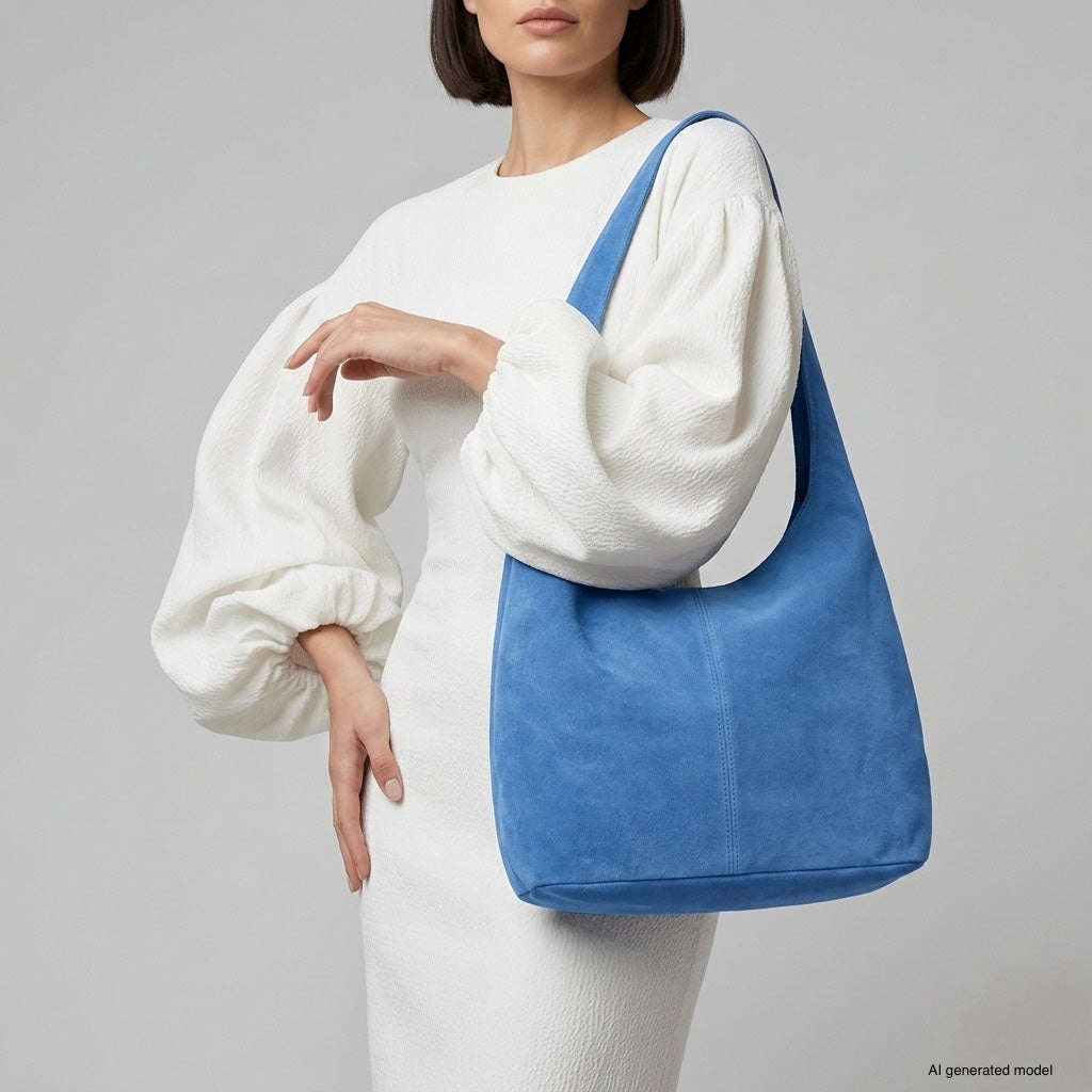 A woman in a textured white dress with puffed sleeves holds a spacious natural suede handbag in deep blue. The background is plain gray, and her face is partially out of frame.