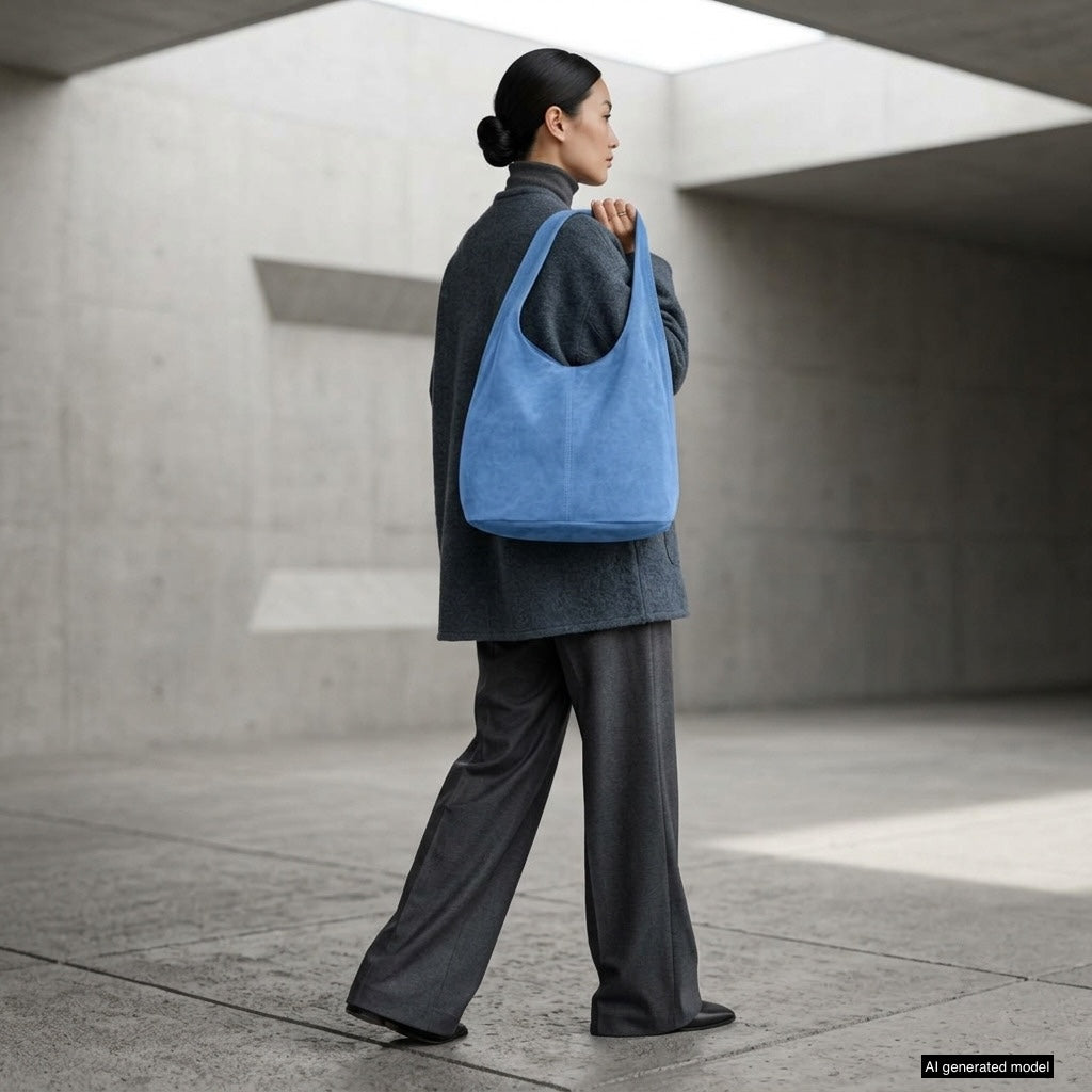 A person with dark hair in a low bun wears a dark gray coat and wide-leg pants, carrying a spacious natural suede handbag, walking in a modern, minimalist concrete environment.