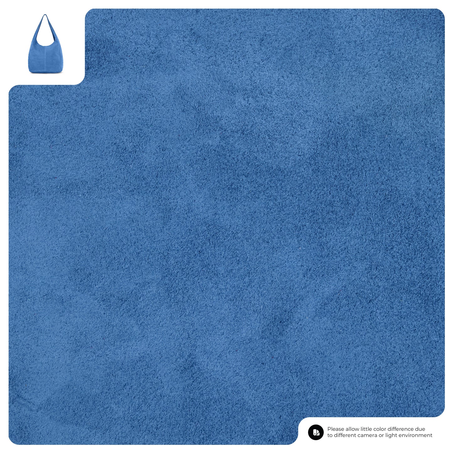 A large swatch of textured blue fabric with a cut-out detail in the top left corner reveals a small blue Italian handcrafted bag made from the same material. A note at the bottom mentions possible color differences due to lighting.