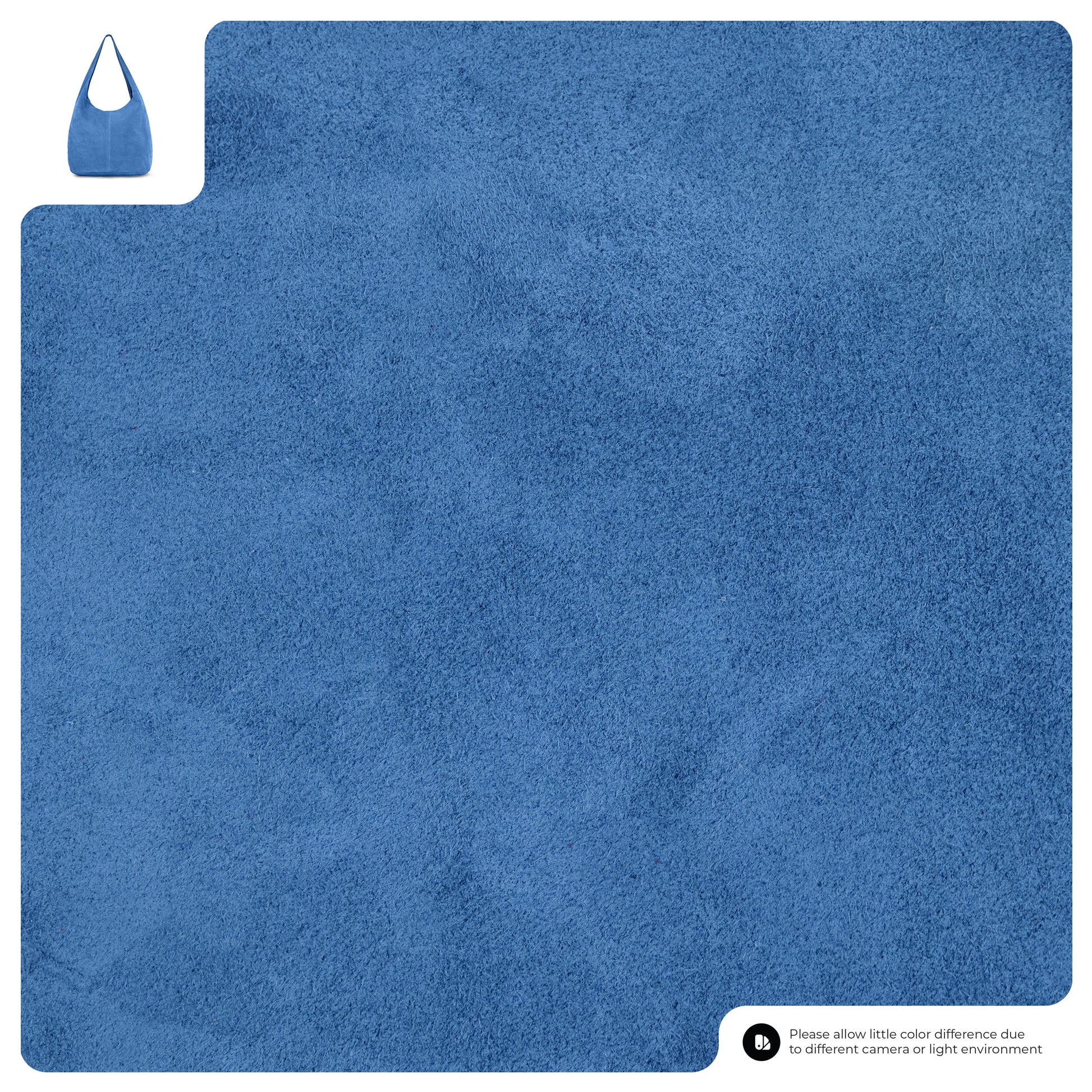 A large swatch of textured blue fabric with a cut-out detail in the top left corner reveals a small blue Italian handcrafted bag made from the same material. A note at the bottom mentions possible color differences due to lighting.