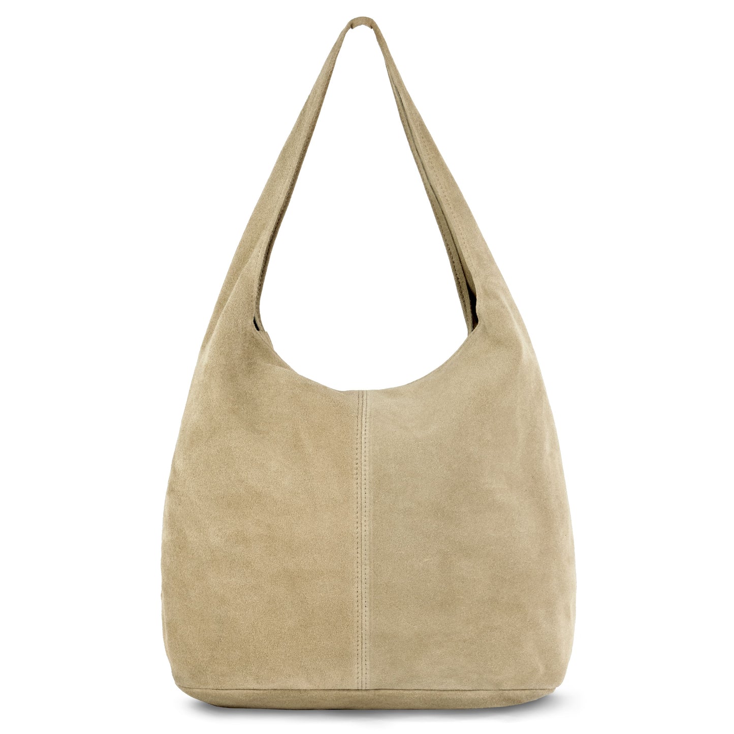 Beige slouchy suede shoulder purse with a single wide strap and visible center stitching, shown on a plain white background.