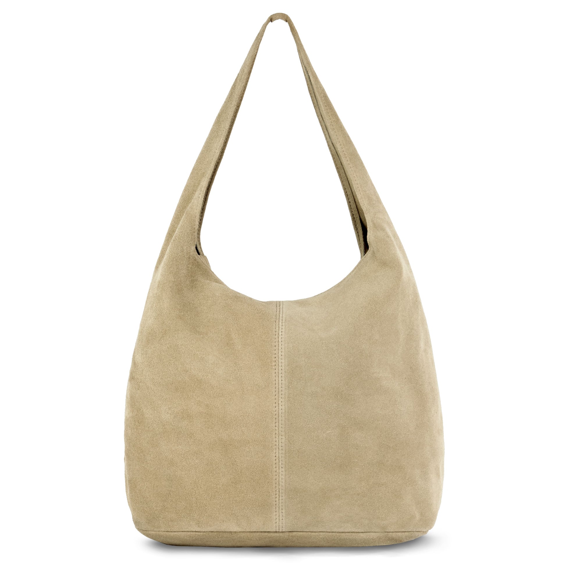 Beige slouchy suede shoulder purse with a single wide strap and visible center stitching, shown on a plain white background.
