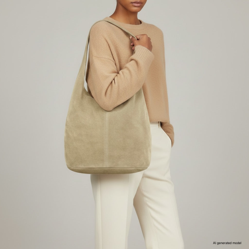 A person wearing a beige sweater and white pants holds a spacious natural suede handbag. The background is plain and neutral, with the person's face not visible.