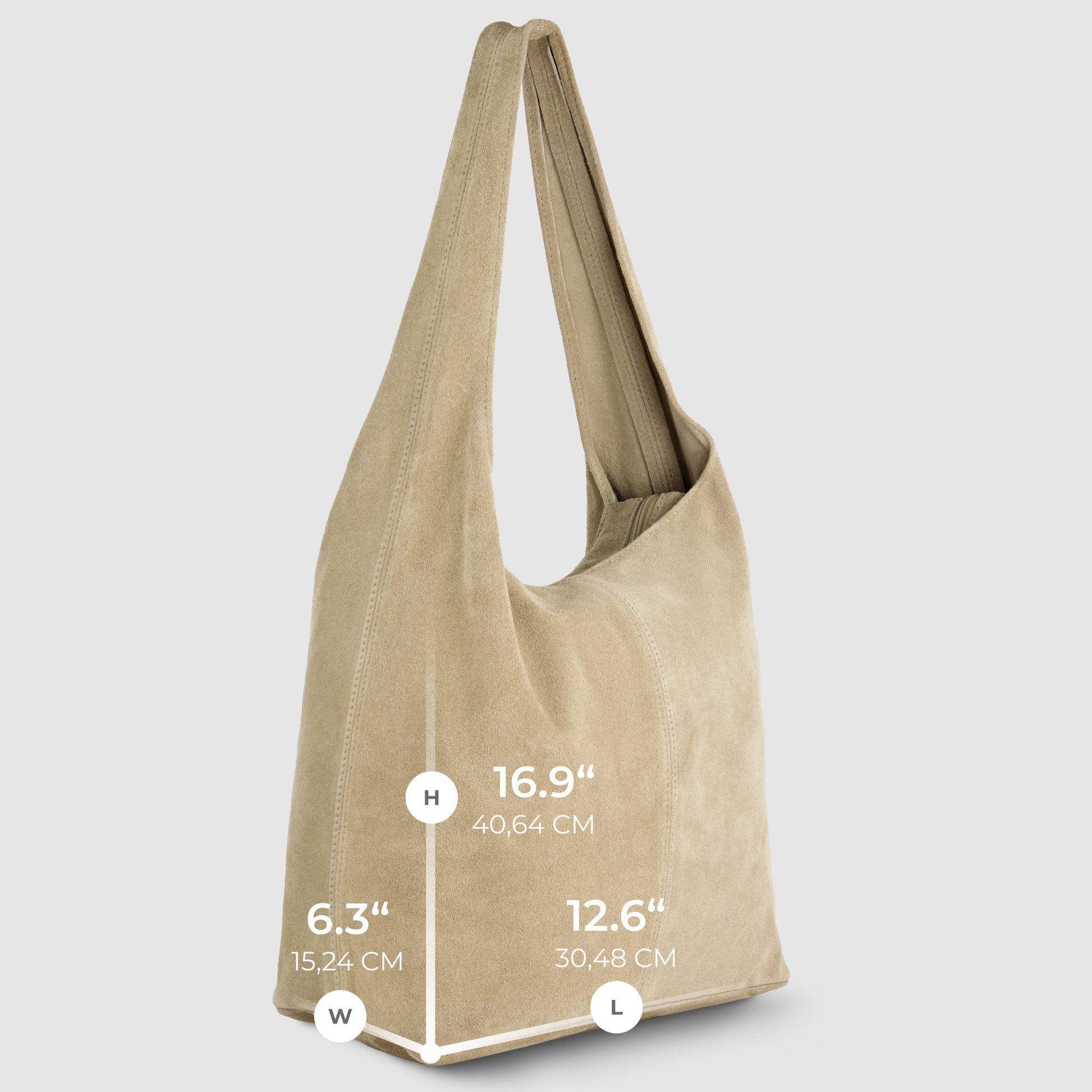 Tan slouchy suede shoulder purse with two wide straps, shown upright. The bag’s dimensions are labeled: height 16.9 inches (40.64 cm), width 6.3 inches (15.24 cm), and length 12.6 inches (30.48 cm).