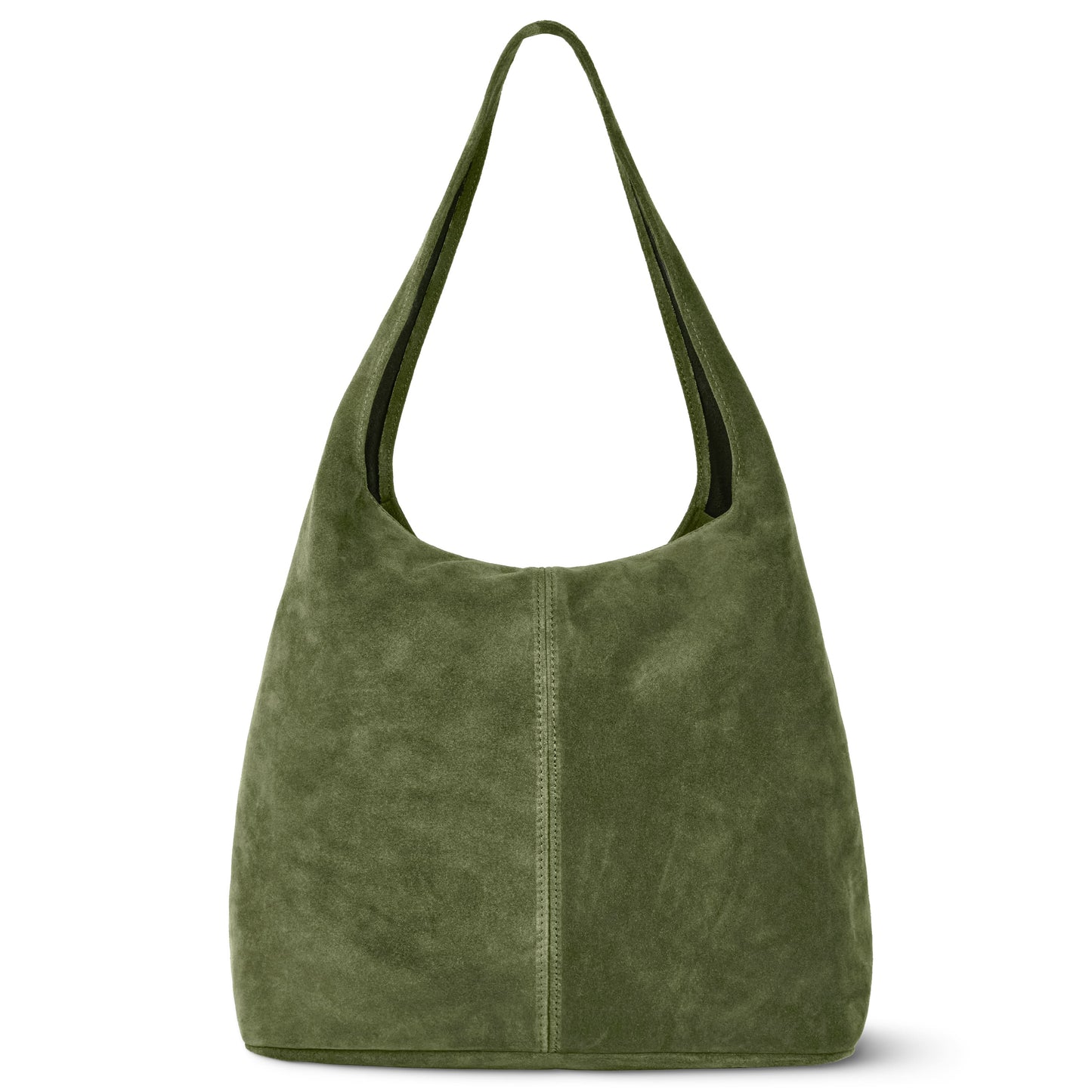 Olive green slouchy suede shoulder purse with a wide single strap and minimalist design, crafted from natural suede and shown against a white background.