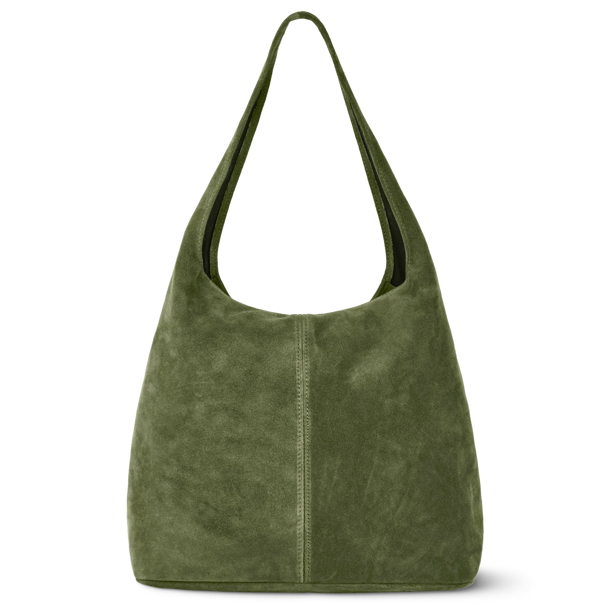 Olive green slouchy suede shoulder purse with a wide single strap and minimalist design, crafted from natural suede and shown against a white background.