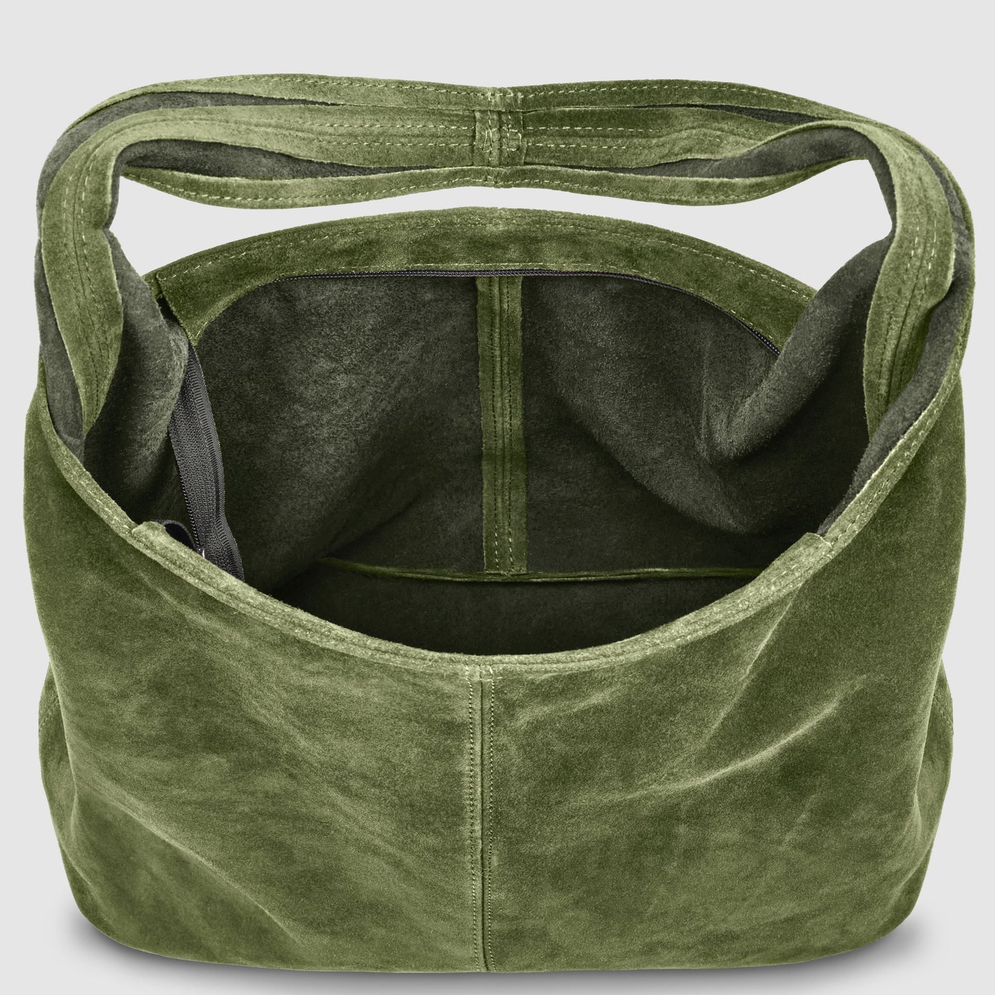 Olive green slouchy suede shoulder purse with a wide strap, shown from above with the interior visible, featuring a fabric-lined compartment and a small side pocket.