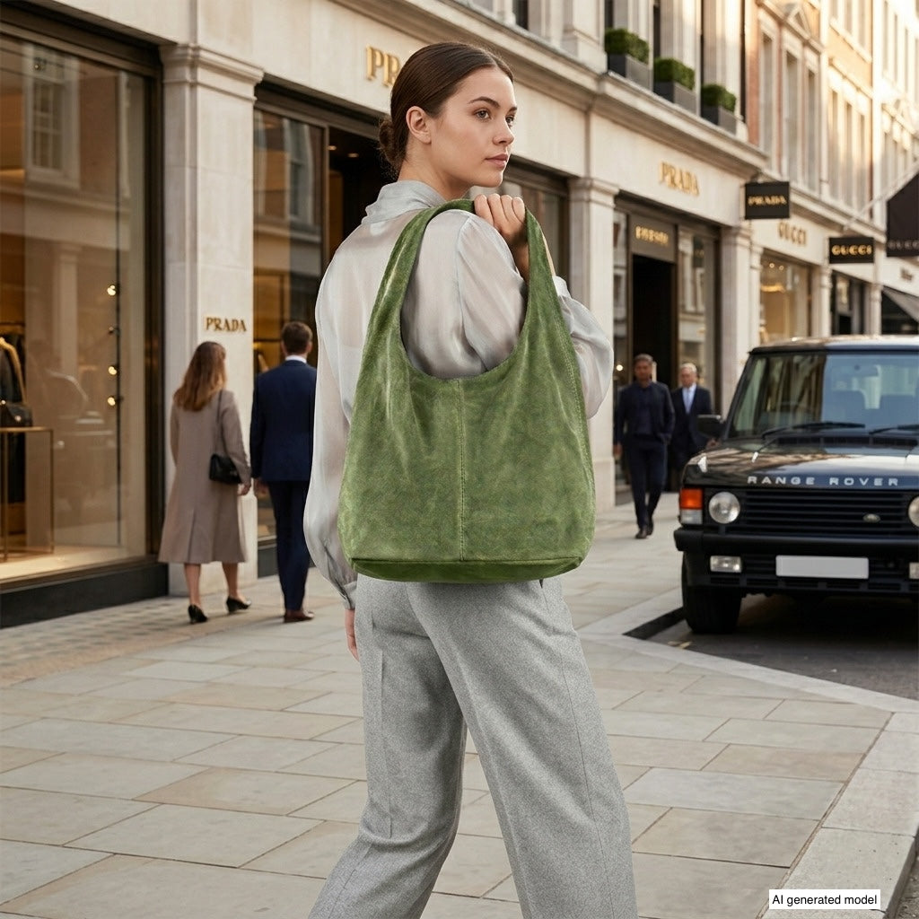 A woman with a spacious natural suede handbag and gray trousers walks along a stylish city street, passing luxury shops and a parked black Range Rover. Other people stroll in the background.