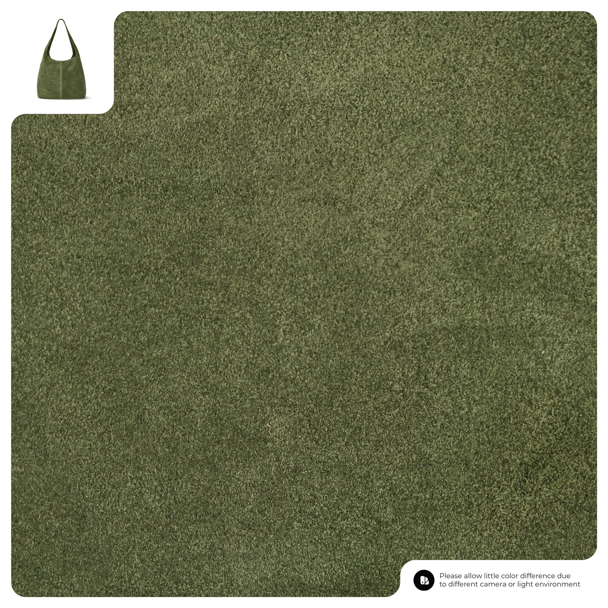 Olive green textured carpet with an inset image of a matching slouchy suede shoulder purse in the top left corner. A note at the bottom right mentions possible color differences due to camera or light environment.