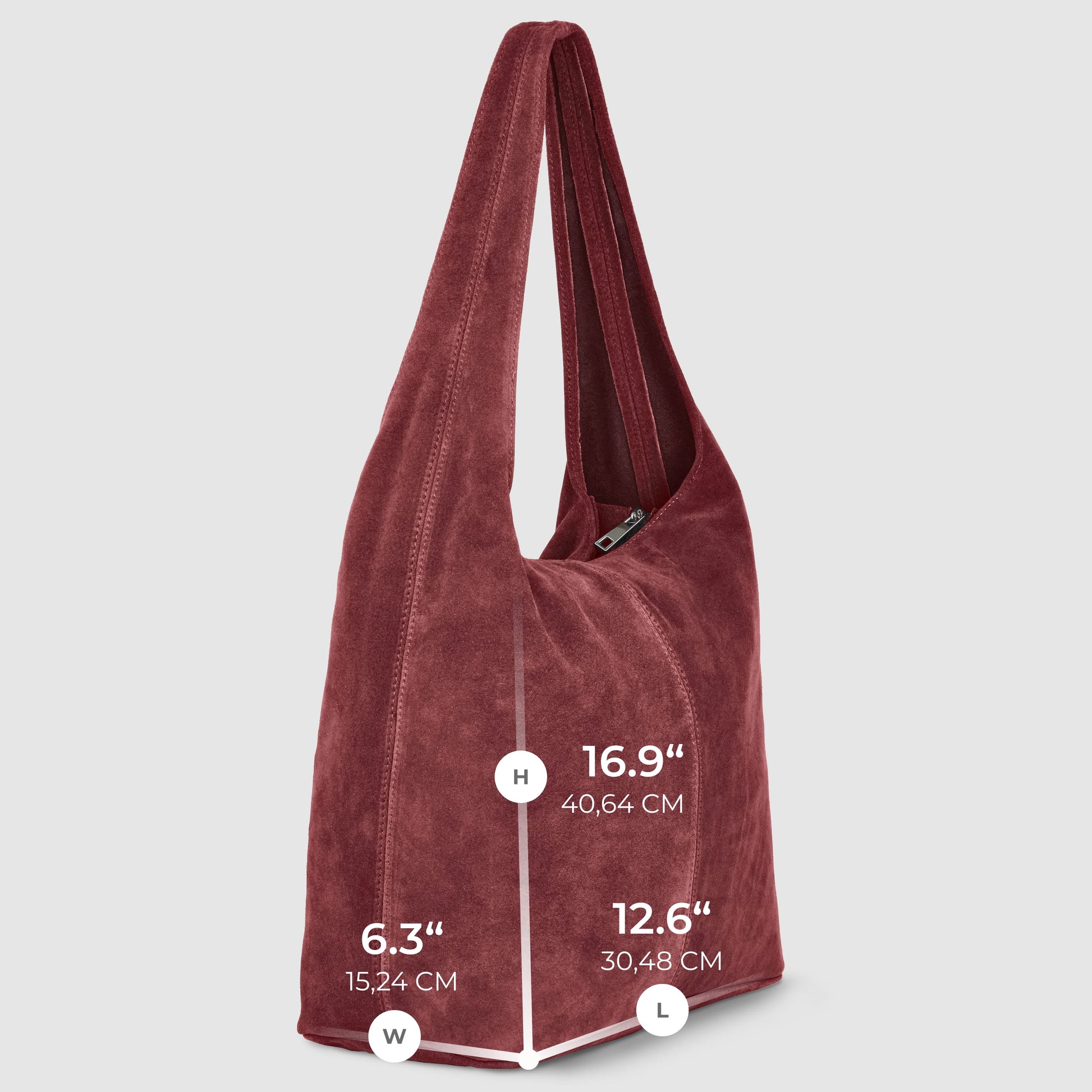 A maroon slouchy suede shoulder purse is shown upright, with height 16.9 (40.64 cm), width 6.3 (15.24 cm), and length 12.6 (30.48 cm) labeled, against a light gray background.