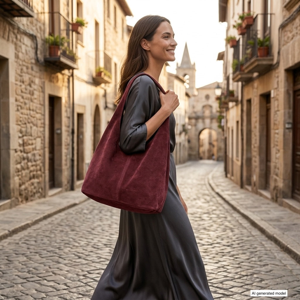 A woman in a long dark dress smiles as she walks down a cobblestone street lined with old stone buildings, carrying a spacious natural suede handbag and passing balconies adorned with plants.