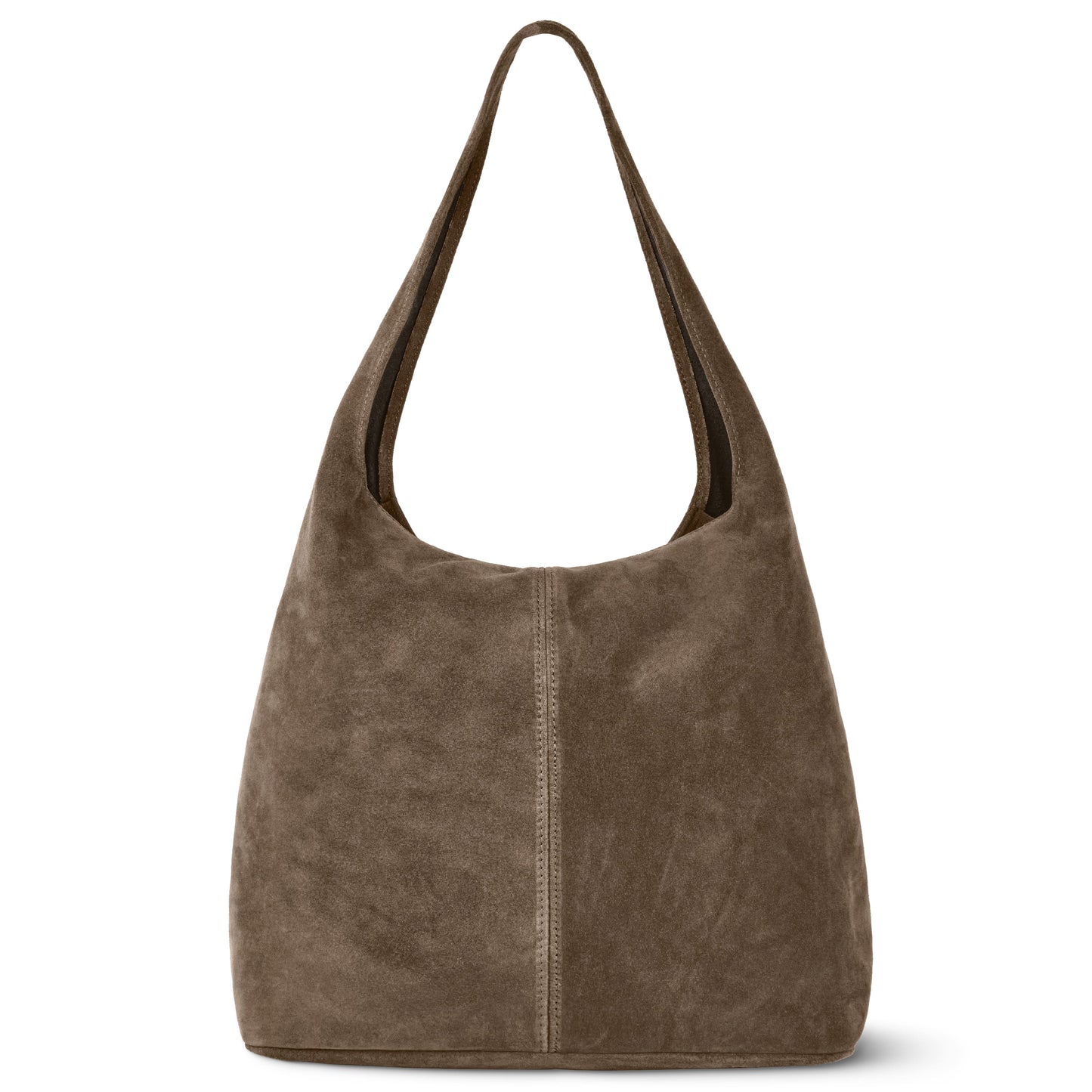 A Tobacco Suede slouchy shoulder purse handcrafted in Italy from genuine Italian suede, featuring a single wide strap, center front seam, and a soft, unstructured minimalist silhouette.