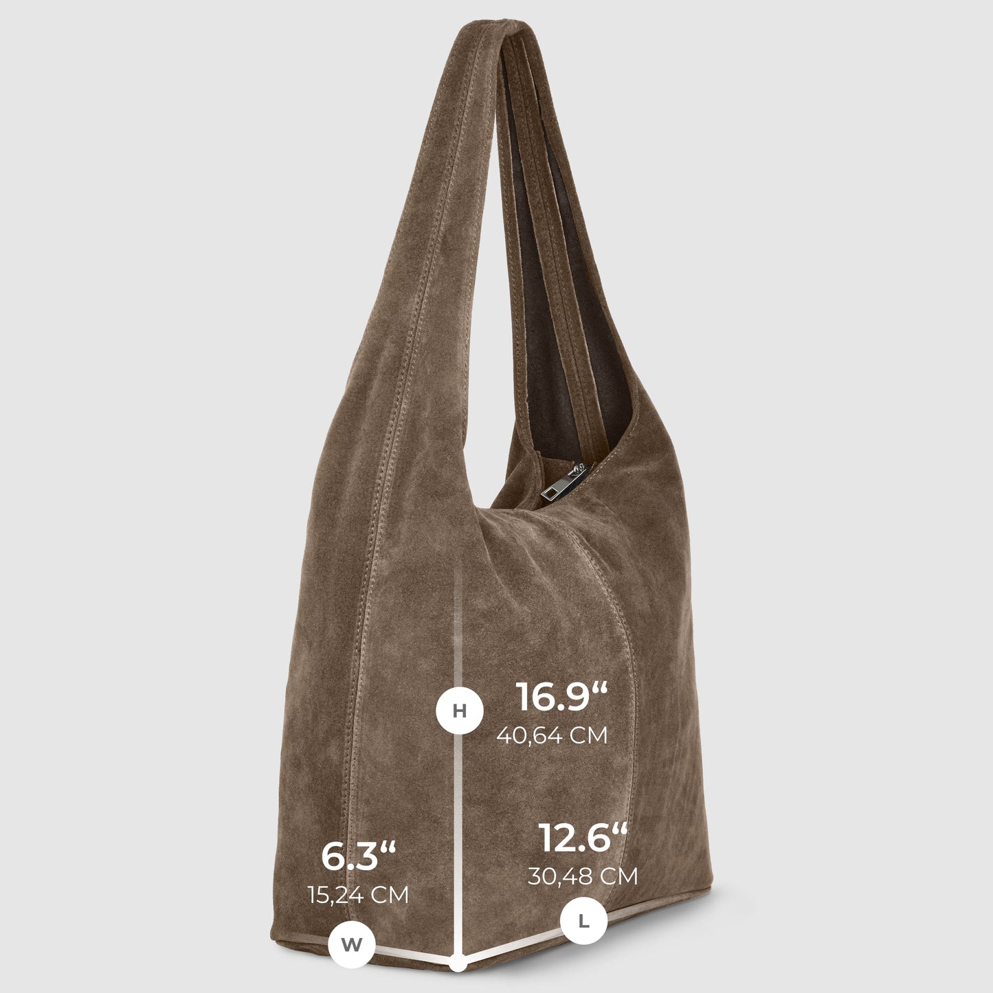 Brown slouchy suede shoulder purse with a long strap, shown upright. The spacious natural suede handbag measures 16.9" (height), 12.6" (length), and 6.3" (width), perfect for style and functionality.