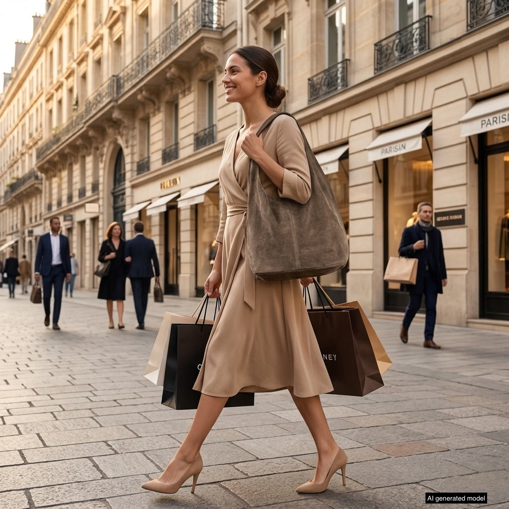 A woman in a beige dress and heels smiles as she walks along a city street, carrying a spacious natural suede handbag and several shopping bags. Elegant storefronts and other pedestrians are visible in the background.