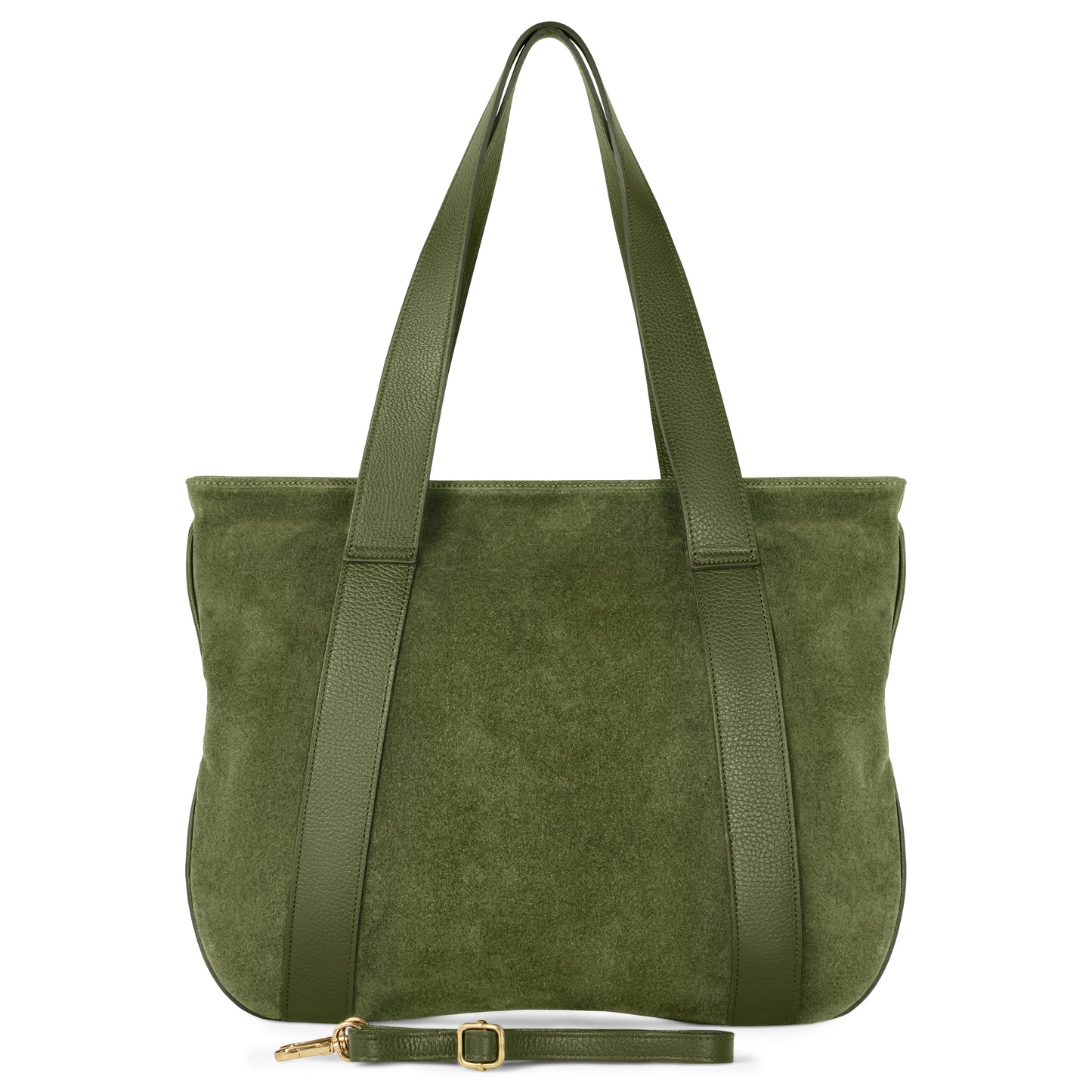 An olive suede bag with matching leather handles and trim, plus an adjustable, detachable shoulder strap and gold hardware.
