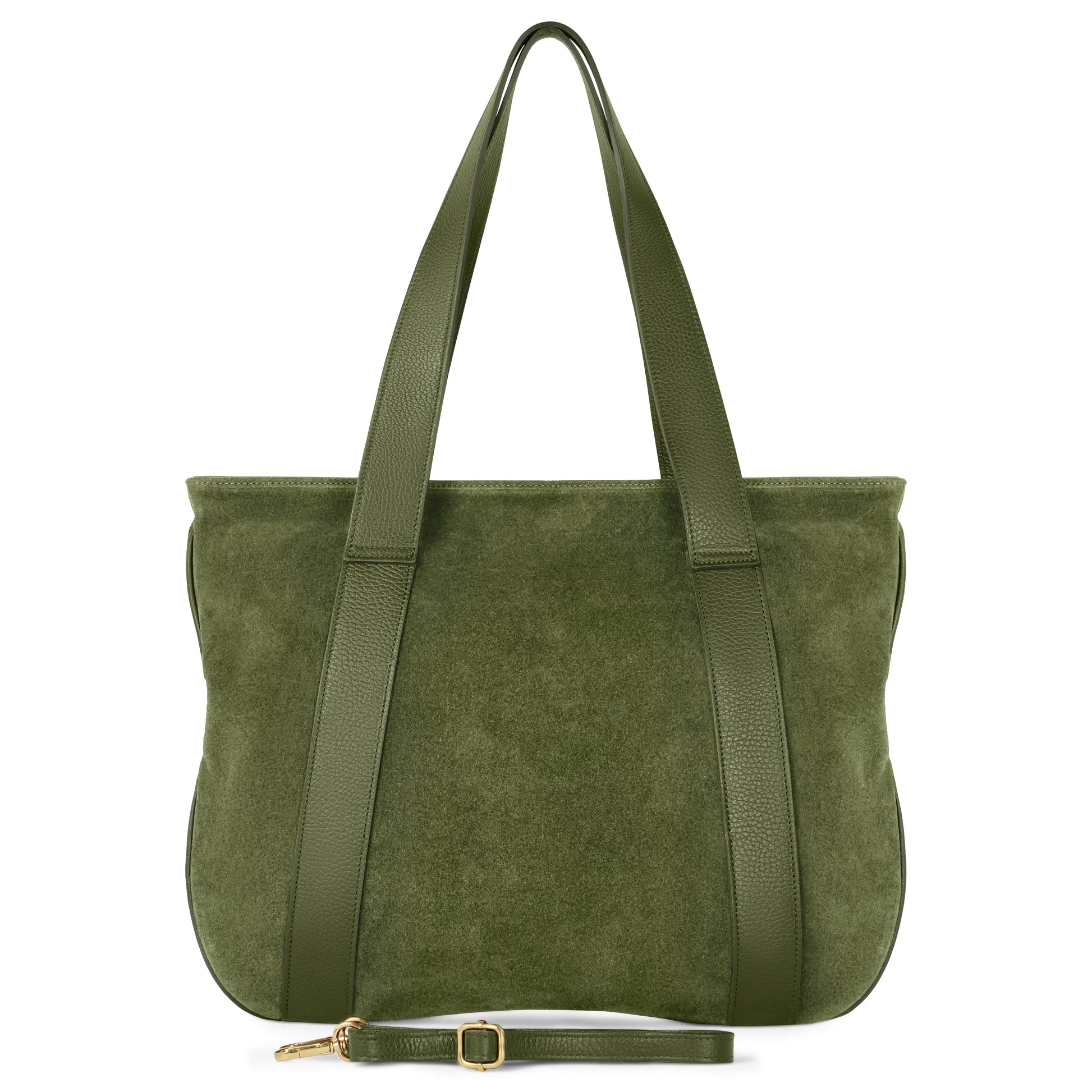 An olive suede bag with matching leather handles and trim, plus an adjustable, detachable shoulder strap and gold hardware.