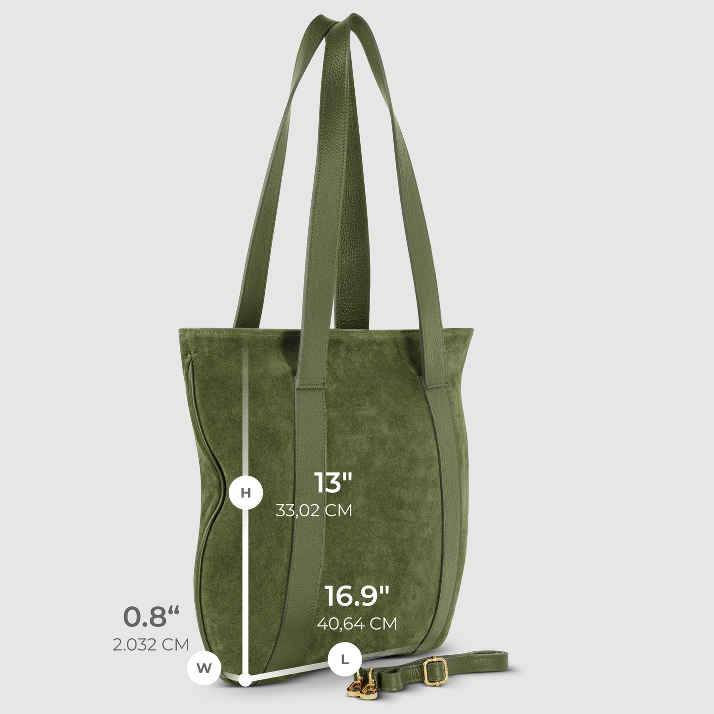 Olive green genuine suede bag with long handles. Dimensions: height 13" (33.02 cm), length 16.9" (40.64 cm), width 0.8" (2.032 cm). Detachable strap lies beside this handcrafted shoulder bag for versatile use.