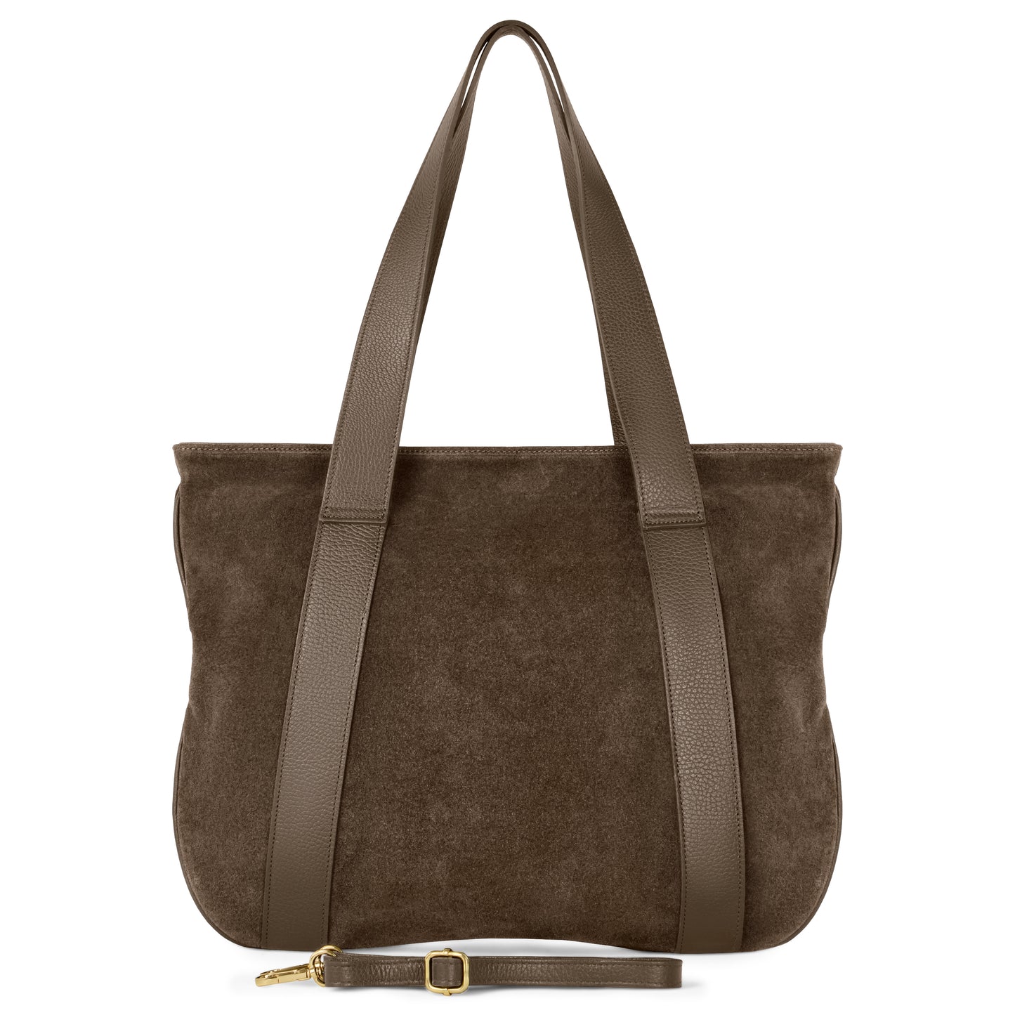 A tobacco suede leather handbag with matching handles and an adjustable, detachable shoulder strap. Its simple, structured design is inspired by classic Florentine tote styles.