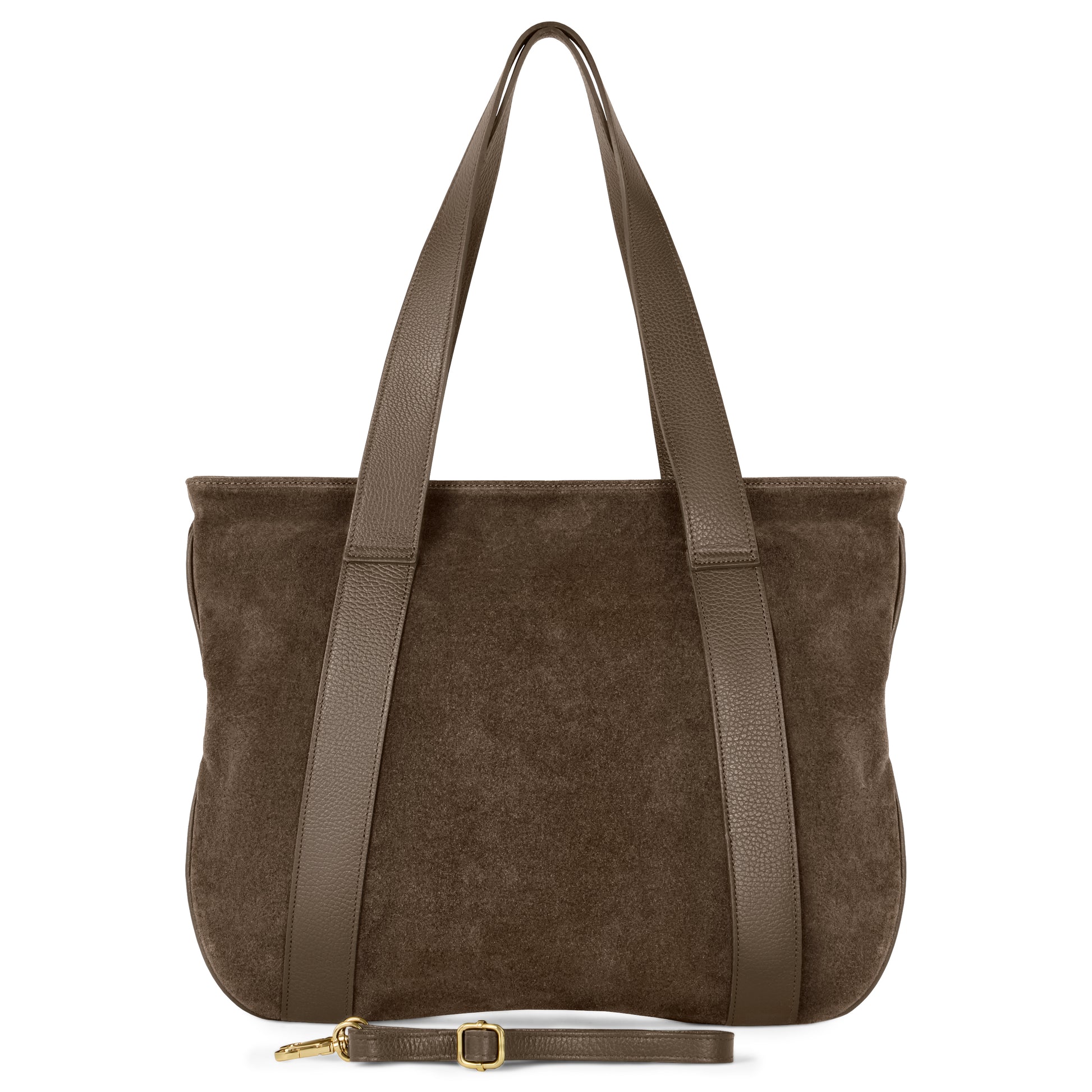 A tobacco suede leather handbag with matching handles and an adjustable, detachable shoulder strap. Its simple, structured design is inspired by classic Florentine tote styles.